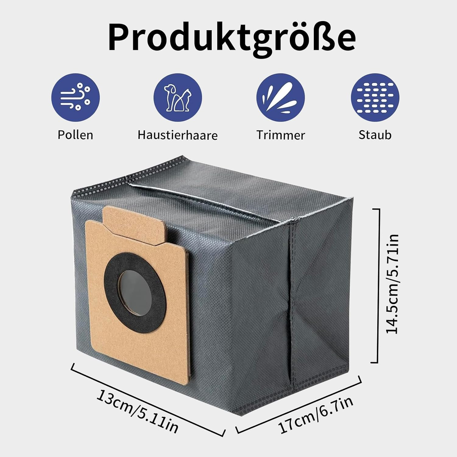 Ein Staubbeutel für einen Staubsauger, mit Abmessungen und Symbolen für Pollen, Tierhaare usw.