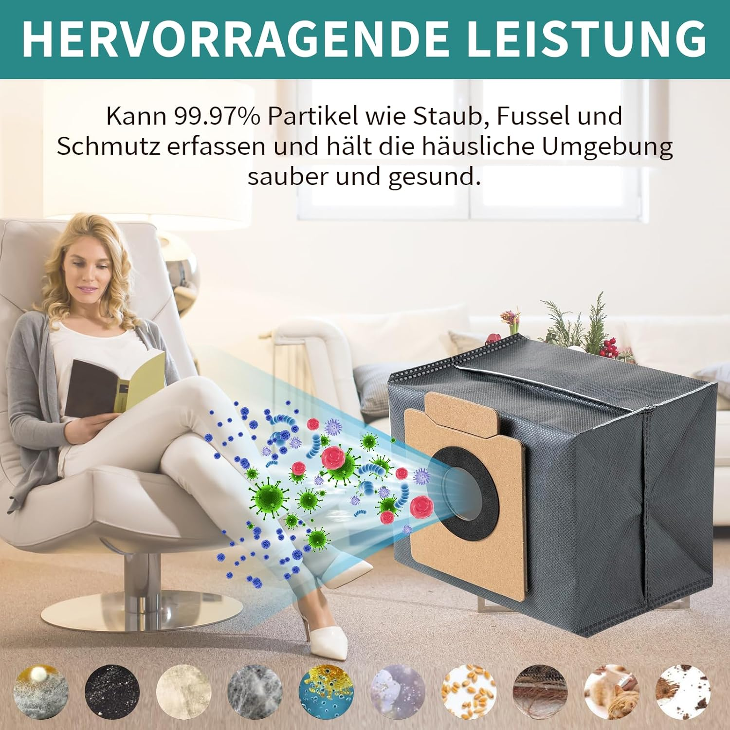 Eine lesende Frau. Ein Staubsaugerbeutel mit Filter und Icons, die Partikel darstellen. Text: Hervorragende Leistung.