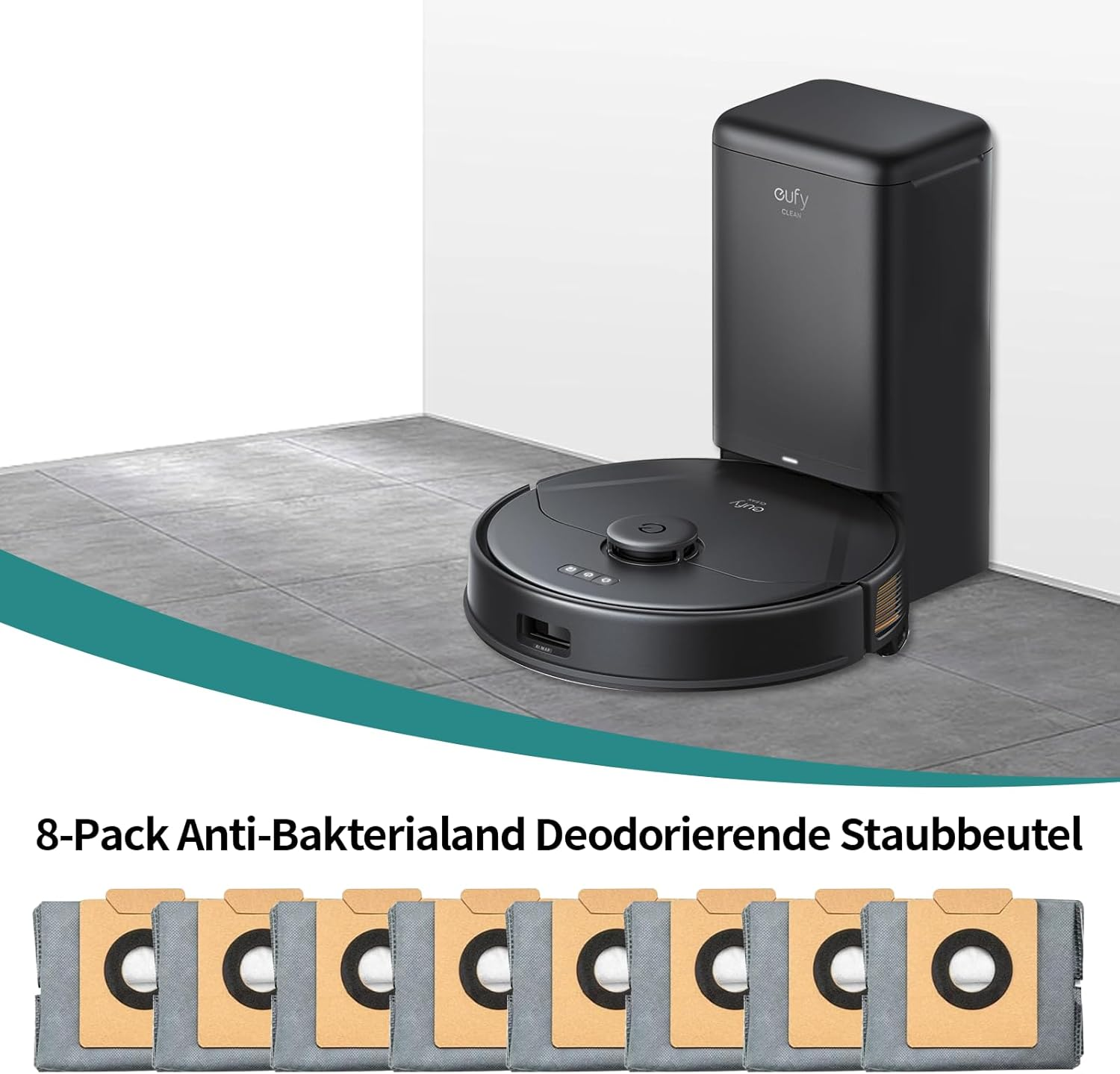 Ein Roboterstaubsauger und seine Selbstreinigungsbasis. Acht Staubsaugerbeutel liegen davor.