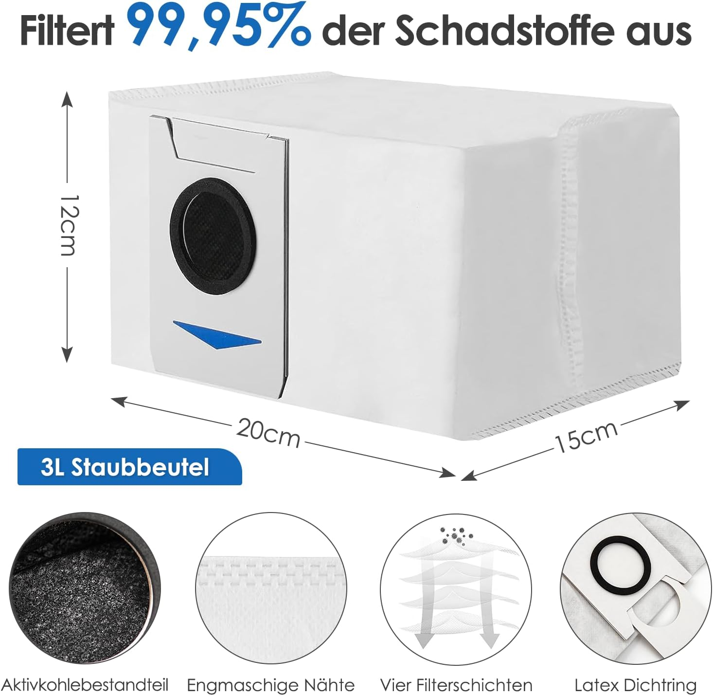 Ein weißer Filterbeutel mit verschiedenen Diagrammen und Abmessungen. Er hat einen dunklen kreisförmigen Teil.