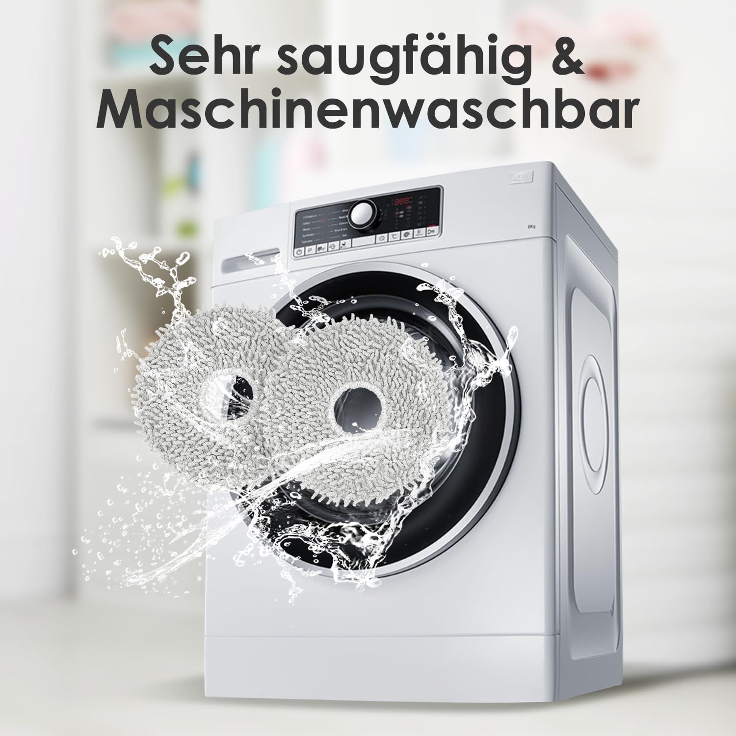 Waschmaschine mit zwei Reinigungspads. Wasser spritzt um sie herum. Weißer Hintergrund. Text sagt 'Sehr saugfähig'.