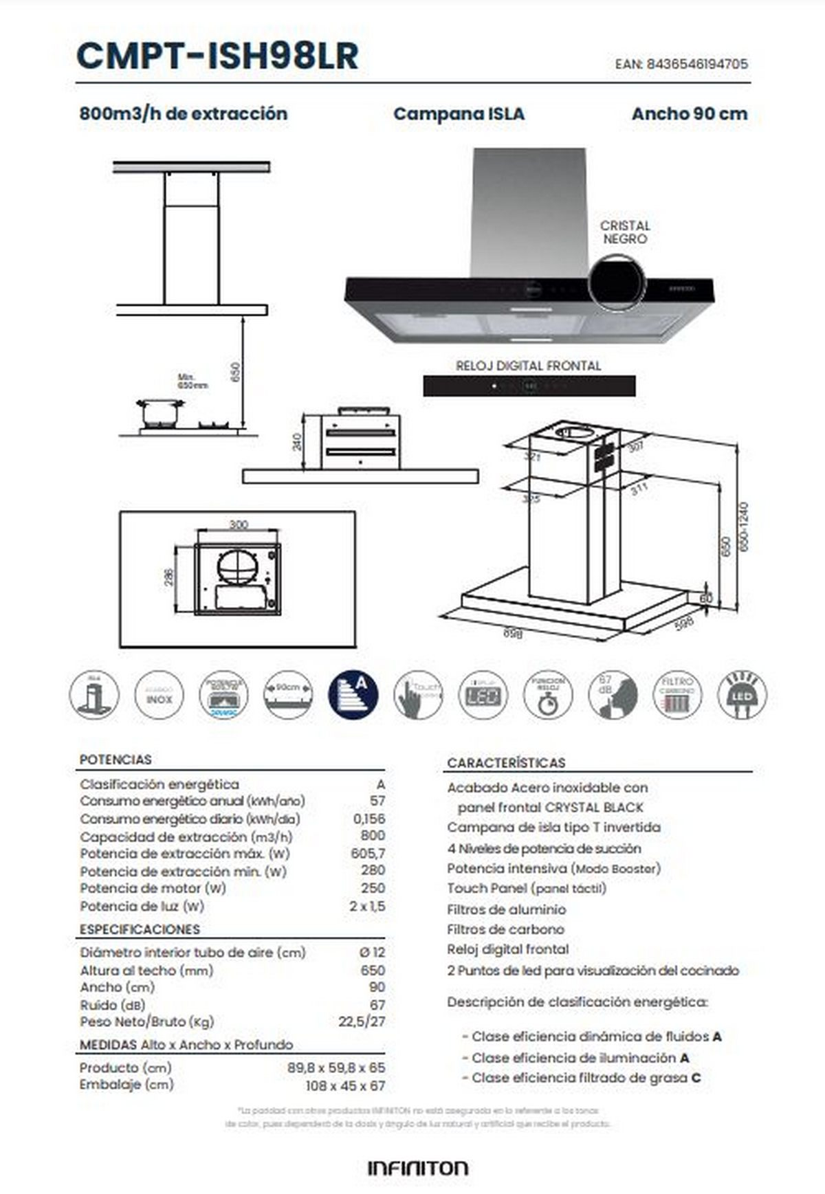 Un diagrama de una campana extractora de cocina. Muestra dimensiones, especificaciones técnicas y características en español.