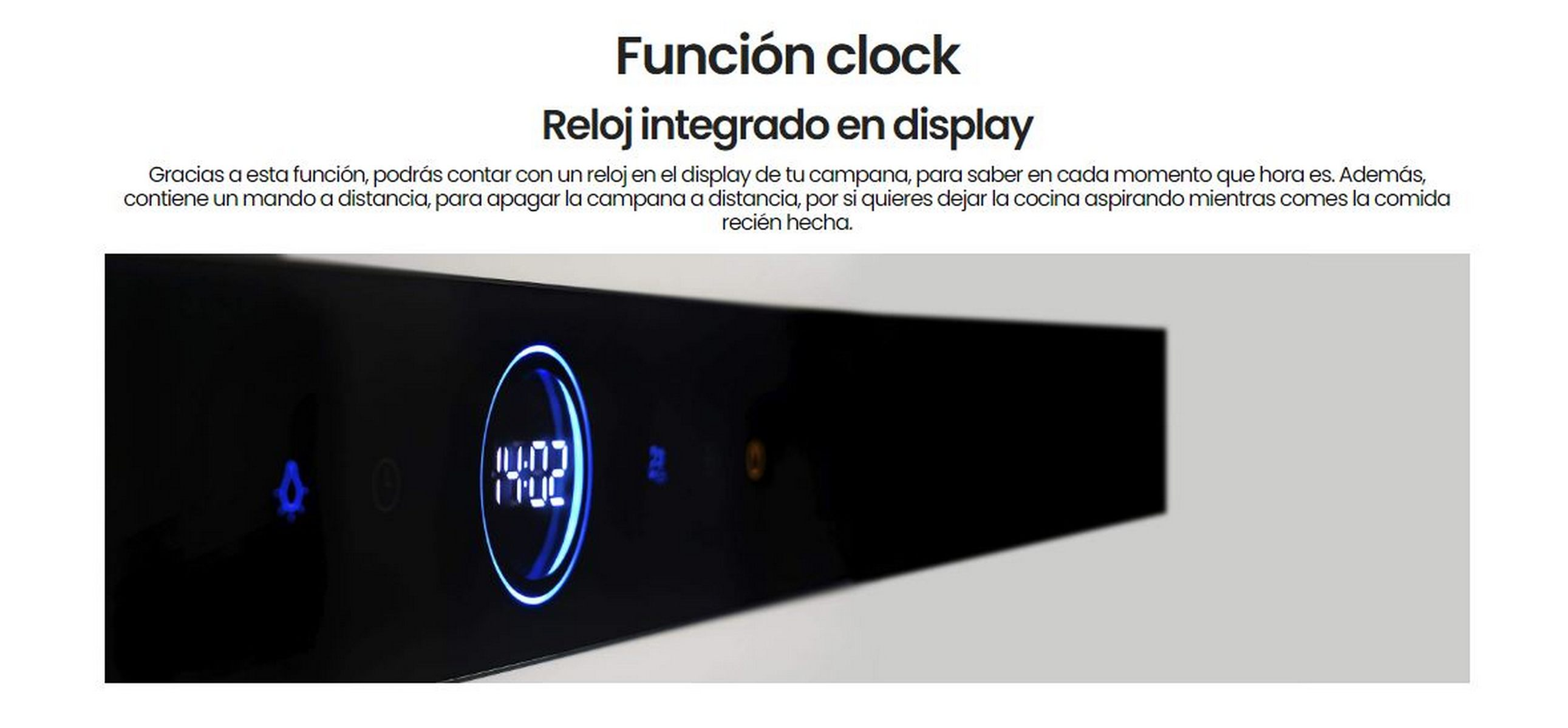 Primer plano de un dispositivo electrónico negro con pantalla que muestra la hora. Texto arriba.