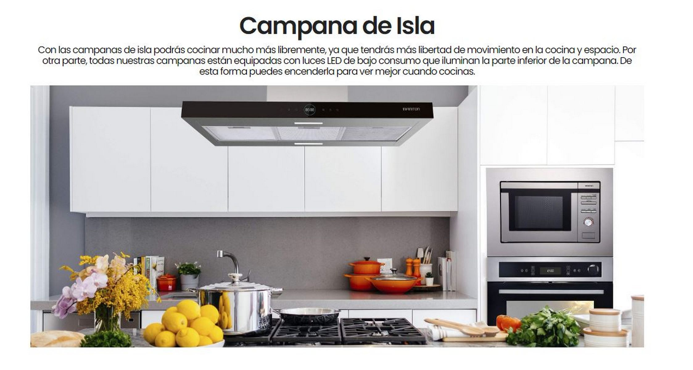 Escena de cocina con campana extractora negra sobre una estufa. Armarios y encimera blancos.
