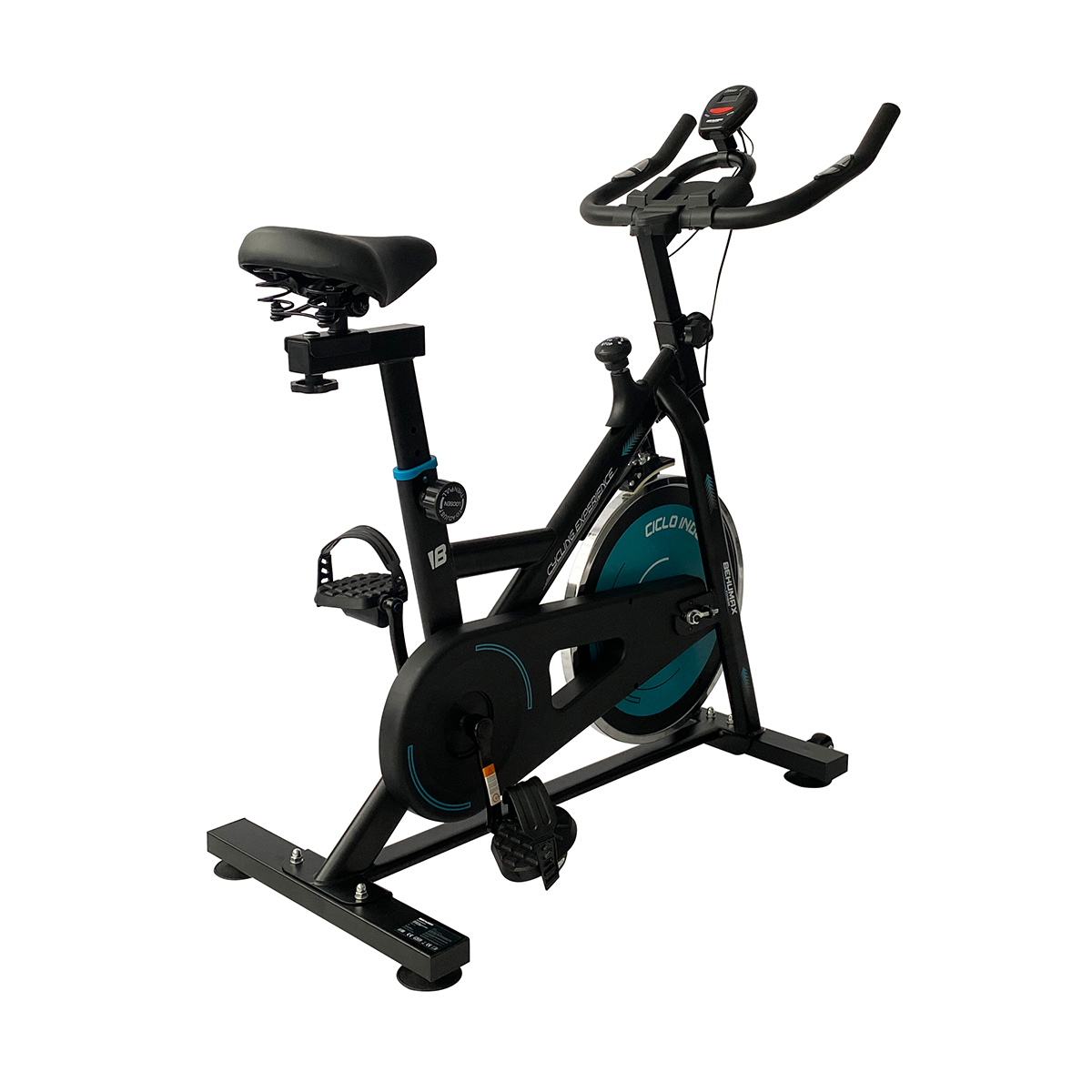 Bicicleta estática negra con volante azul. La bicicleta está sobre fondo blanco.