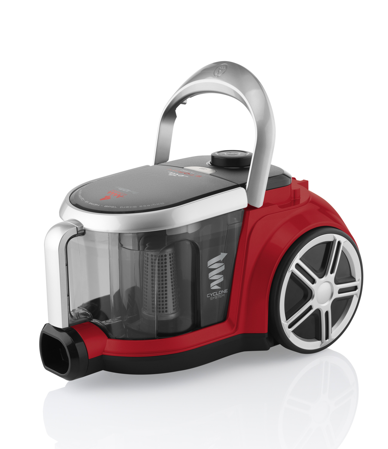 Roter und schwarzer Staubsauger. Er hat einen Griff und einen durchsichtigen Staubbehälter. Räder und ein silberner Deckel.