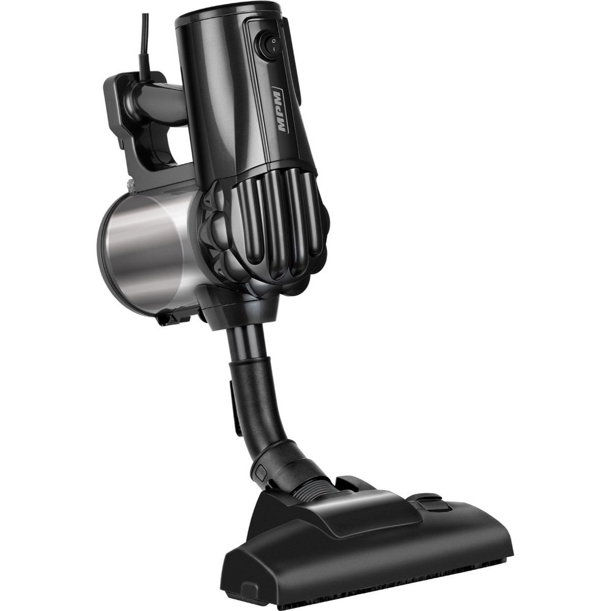 Ein schwarzer Staubsauger. Er hat einen Griff, einen Behälter und einen flexiblen Schlauch, der mit einem Reinigungskopf verbunden ist.