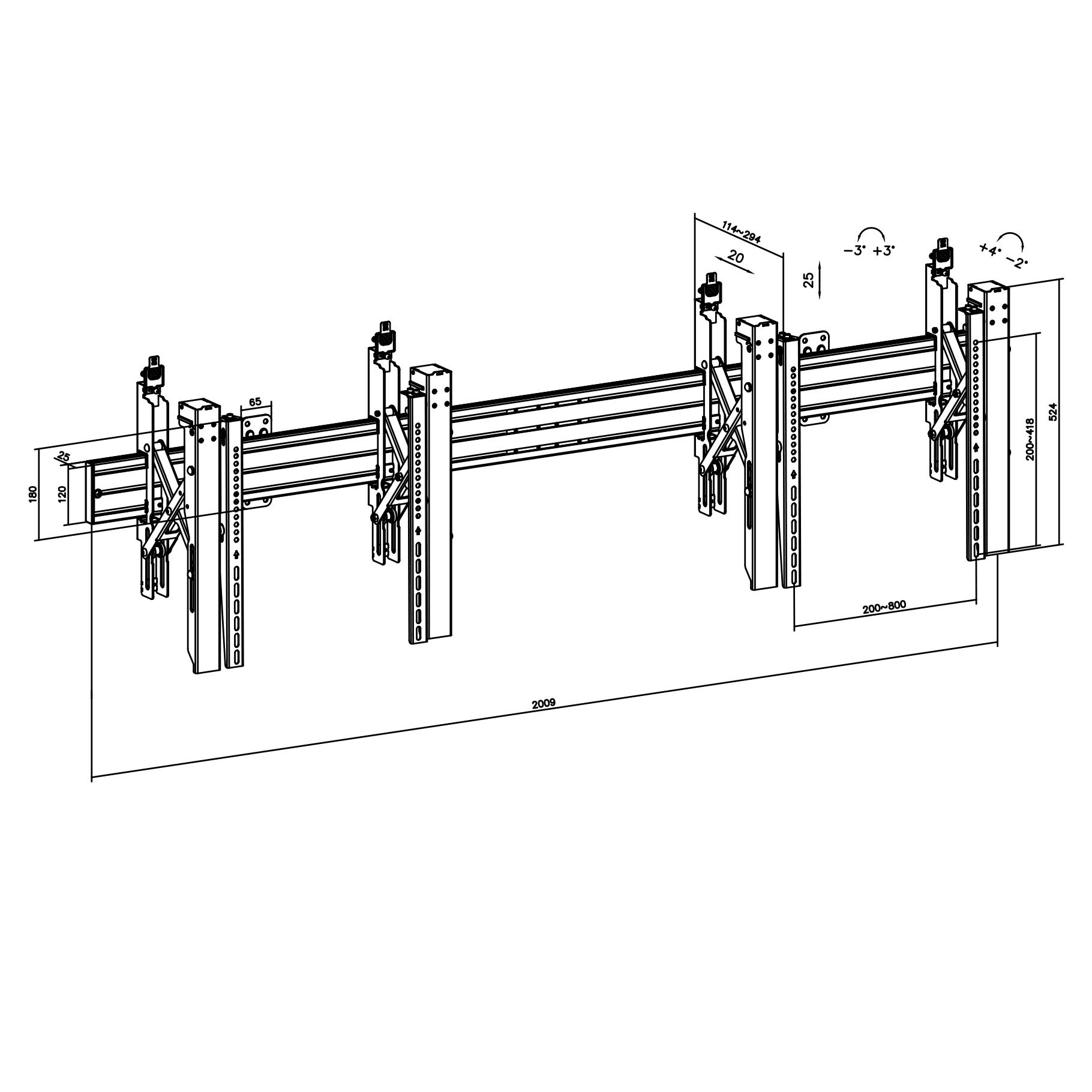 Disegno tecnico di un supporto TV con dimensioni e misure in millimetri. Linee nere su bianco.