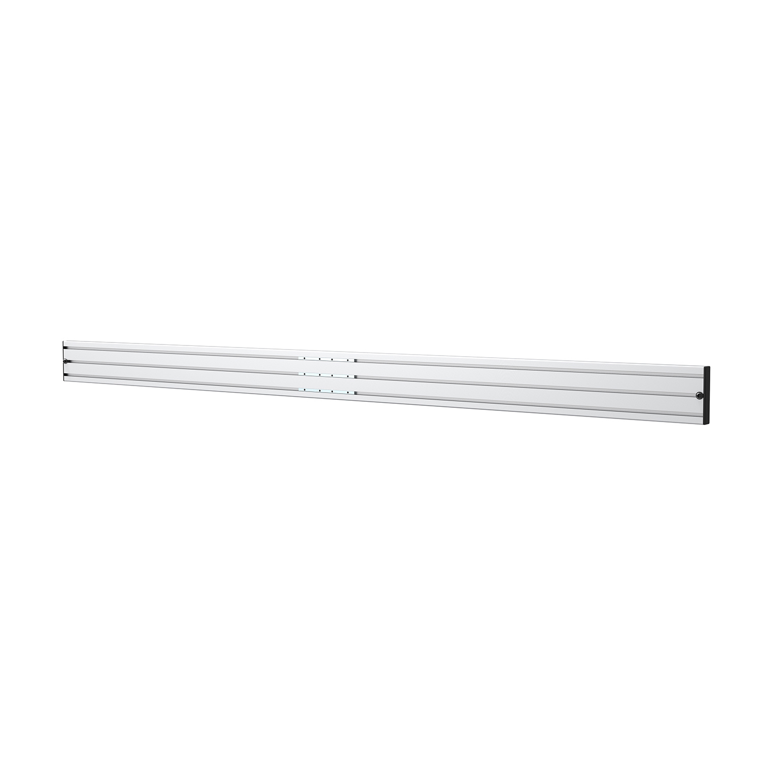 Una barra larga y delgada de metal plateado con algunas luces pequeñas sobre un fondo blanco.