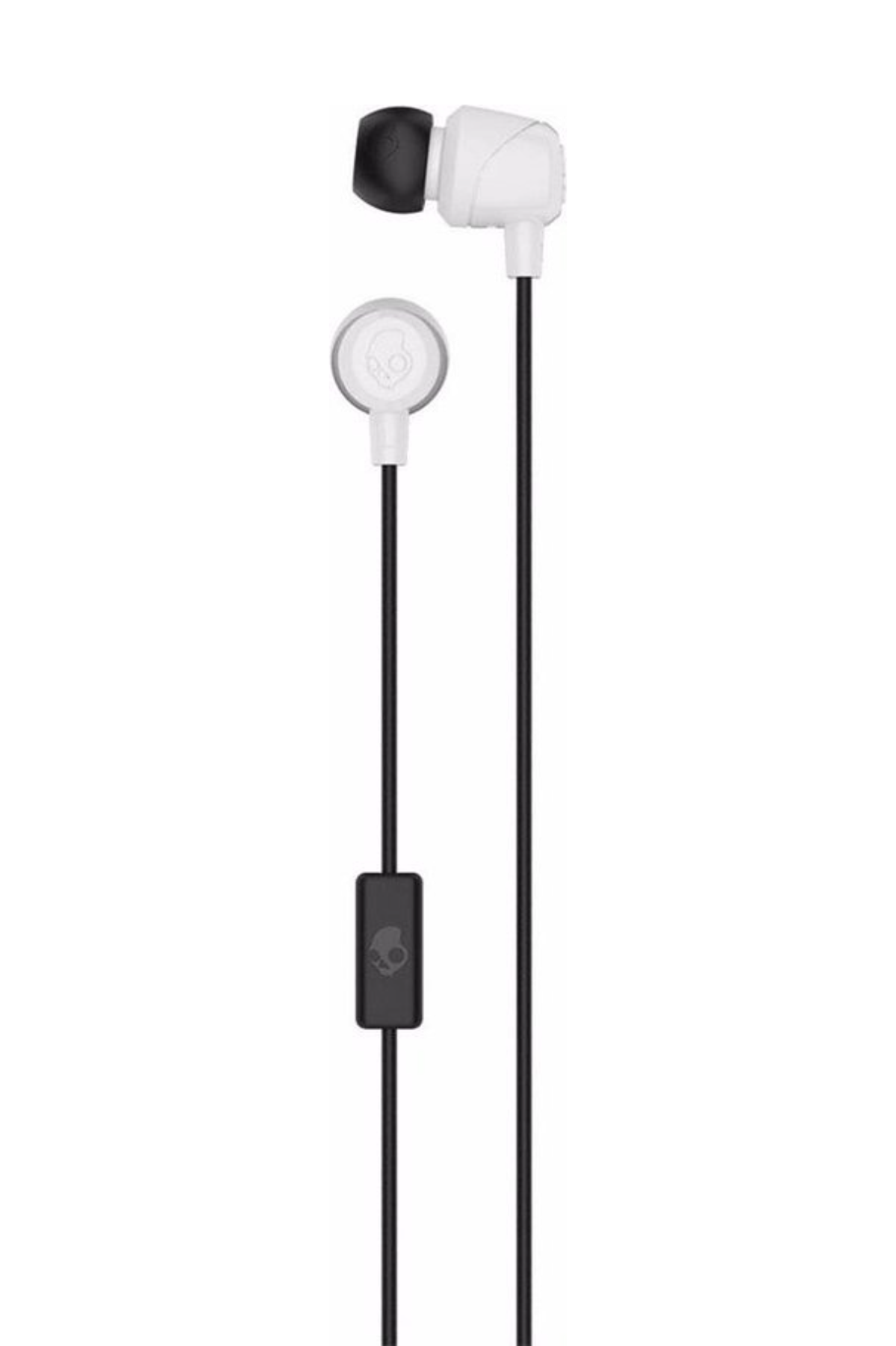 Białe słuchawki Skullcandy z czarnymi przewodami i czarnym panelem sterowania.