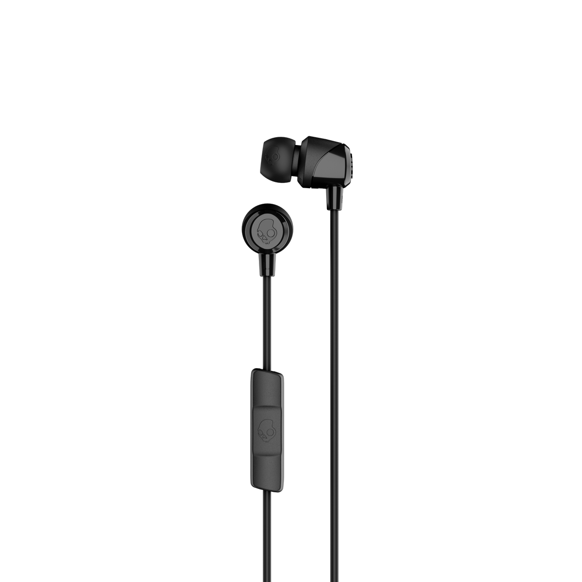 Czarne słuchawki Skullcandy z modułem sterowania i czarnym kablem na czarnym tle.