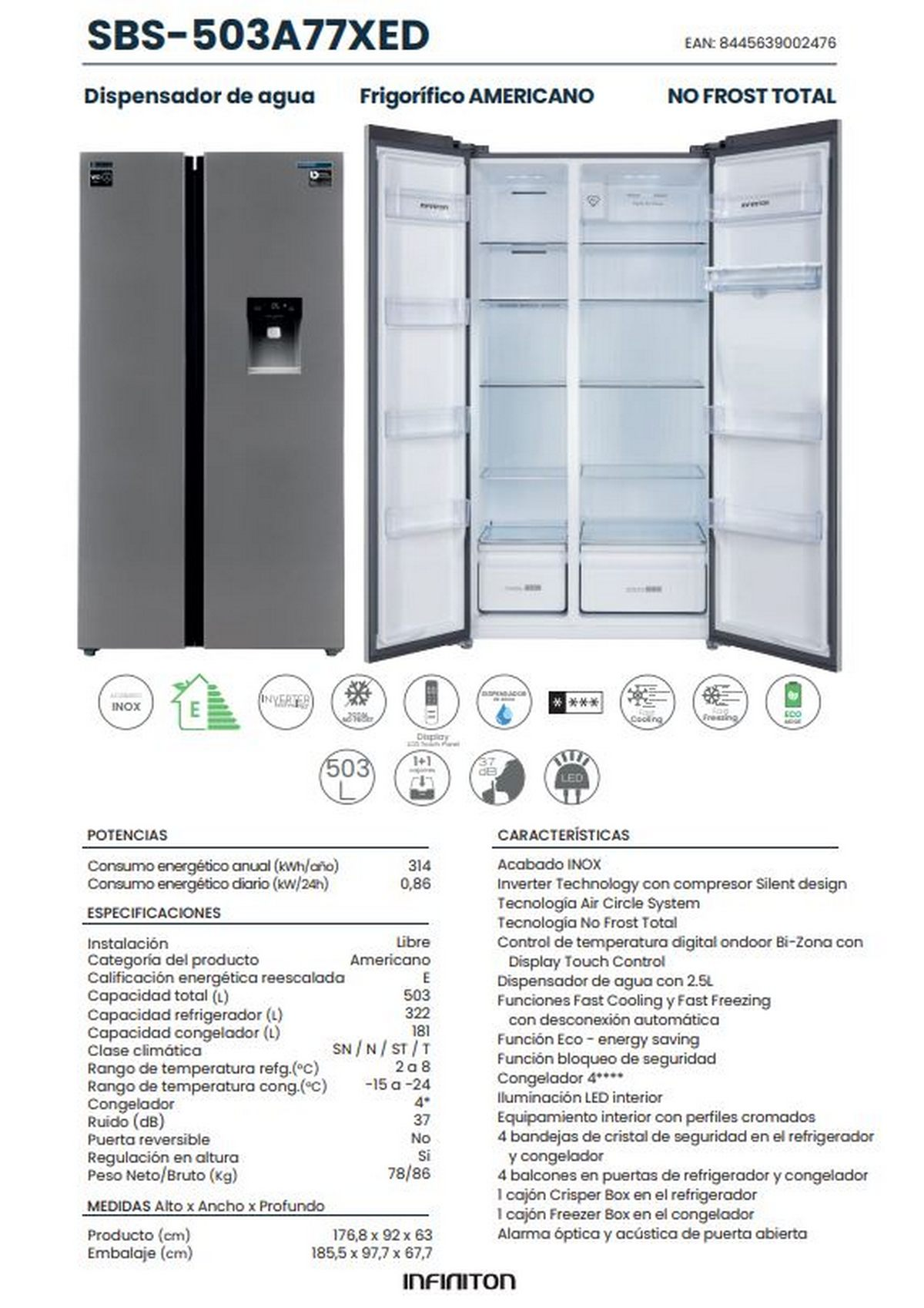 Frigorífico americano abierto, mostrando detalles interiores y características, con dispensador de agua en la puerta.