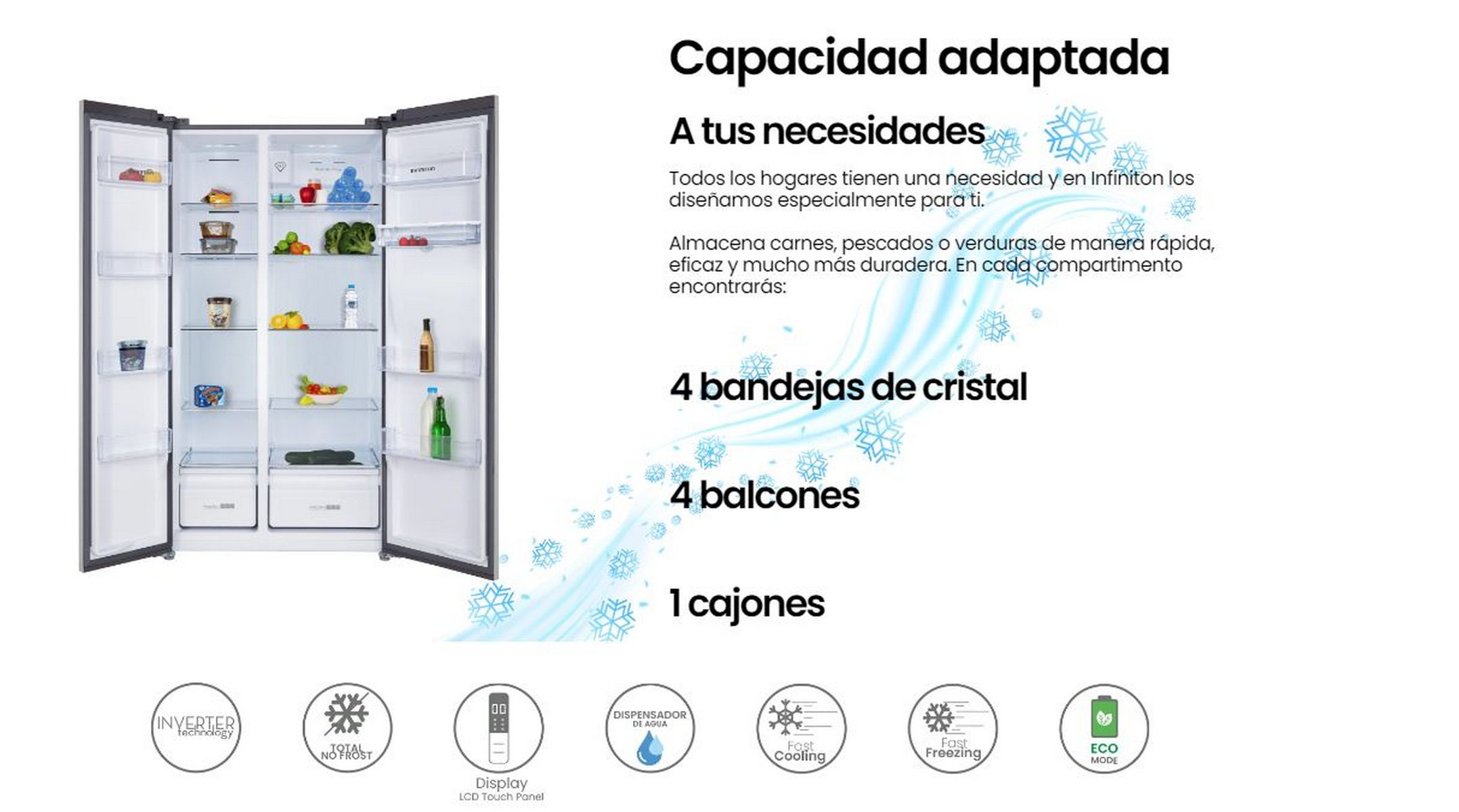 Refrigerador abierto con alimentos dentro. Texto describe características y beneficios.