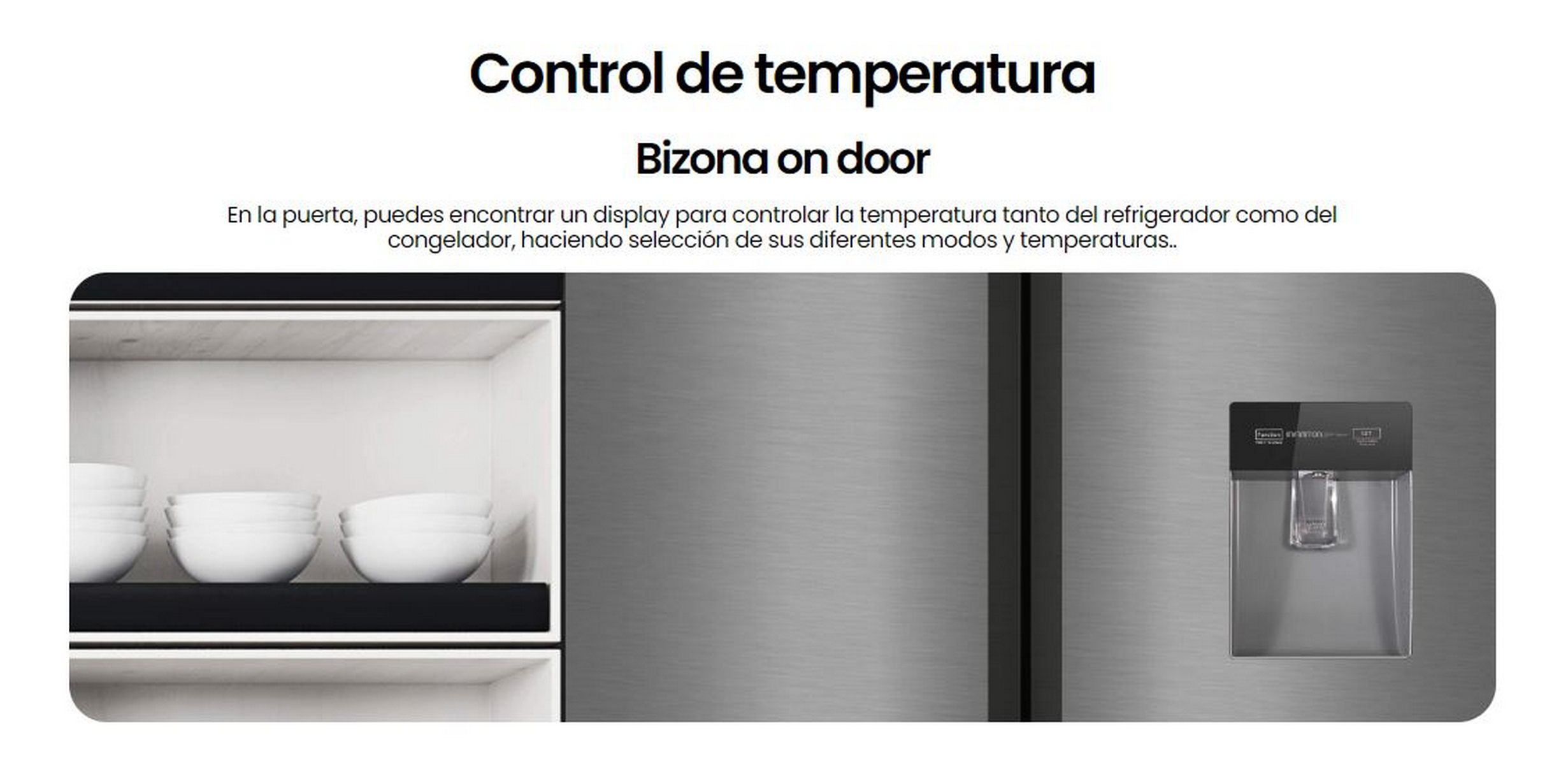 Una pantalla en la puerta del refrigerador que muestra el control de temperatura. Se ven cuencos blancos dentro.