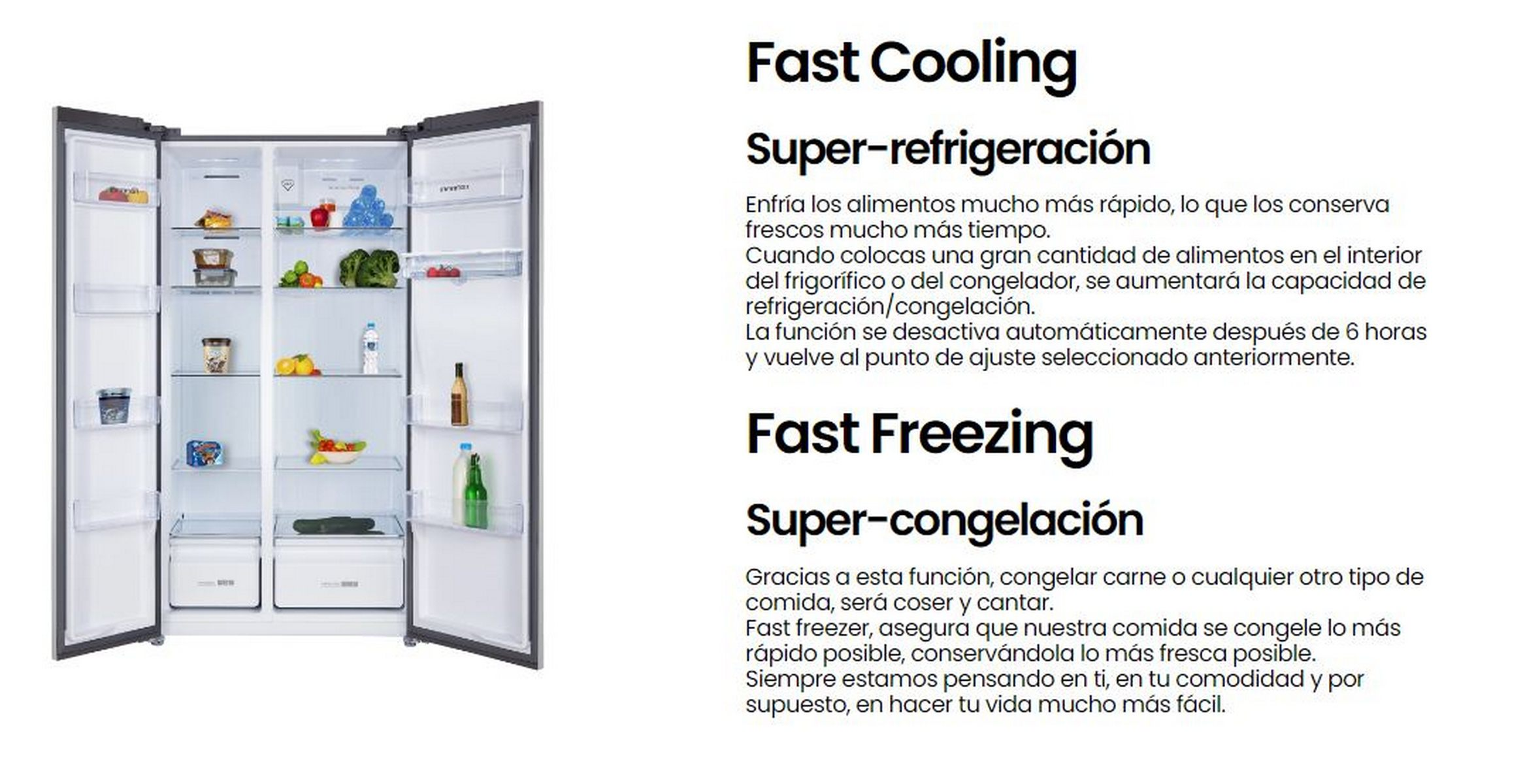 Un refrigerador con puertas abiertas, mostrando el interior y texto sobre funciones de enfriamiento.