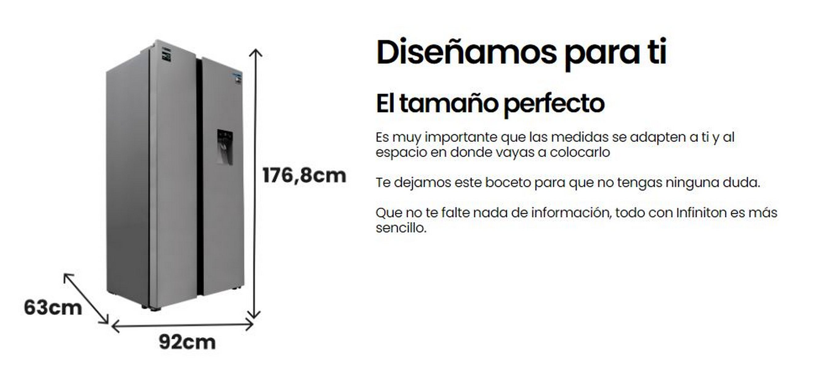 Refrigerador de acero inoxidable lado a lado, dimensiones 63cm x 92cm x 176,8cm.