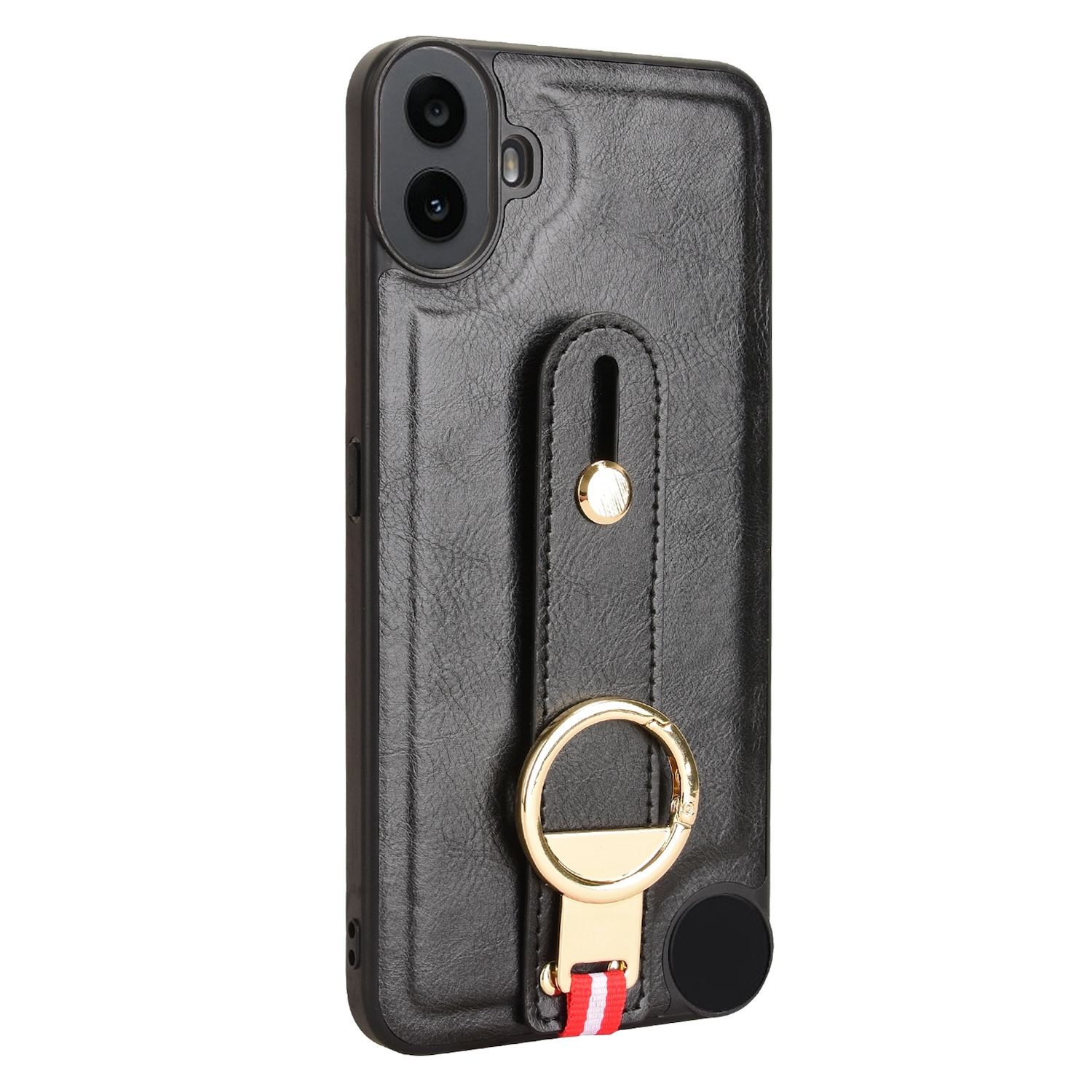 Schwarze Handyhülle mit Riemen und goldfarbenem Ringhalter. Das Telefon hat zwei Kameras.