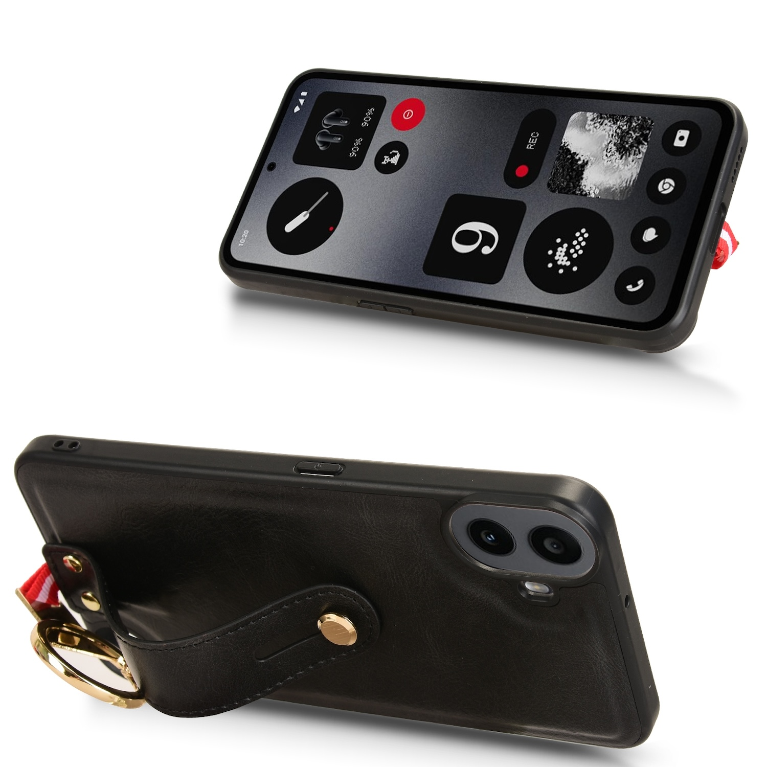 Schwarzes Telefon mit schwarzer Hülle und goldenem Ringhalter, zeigt Bildschirm mit Symbolen. Hülle hat einen rot-weißen Streifen.