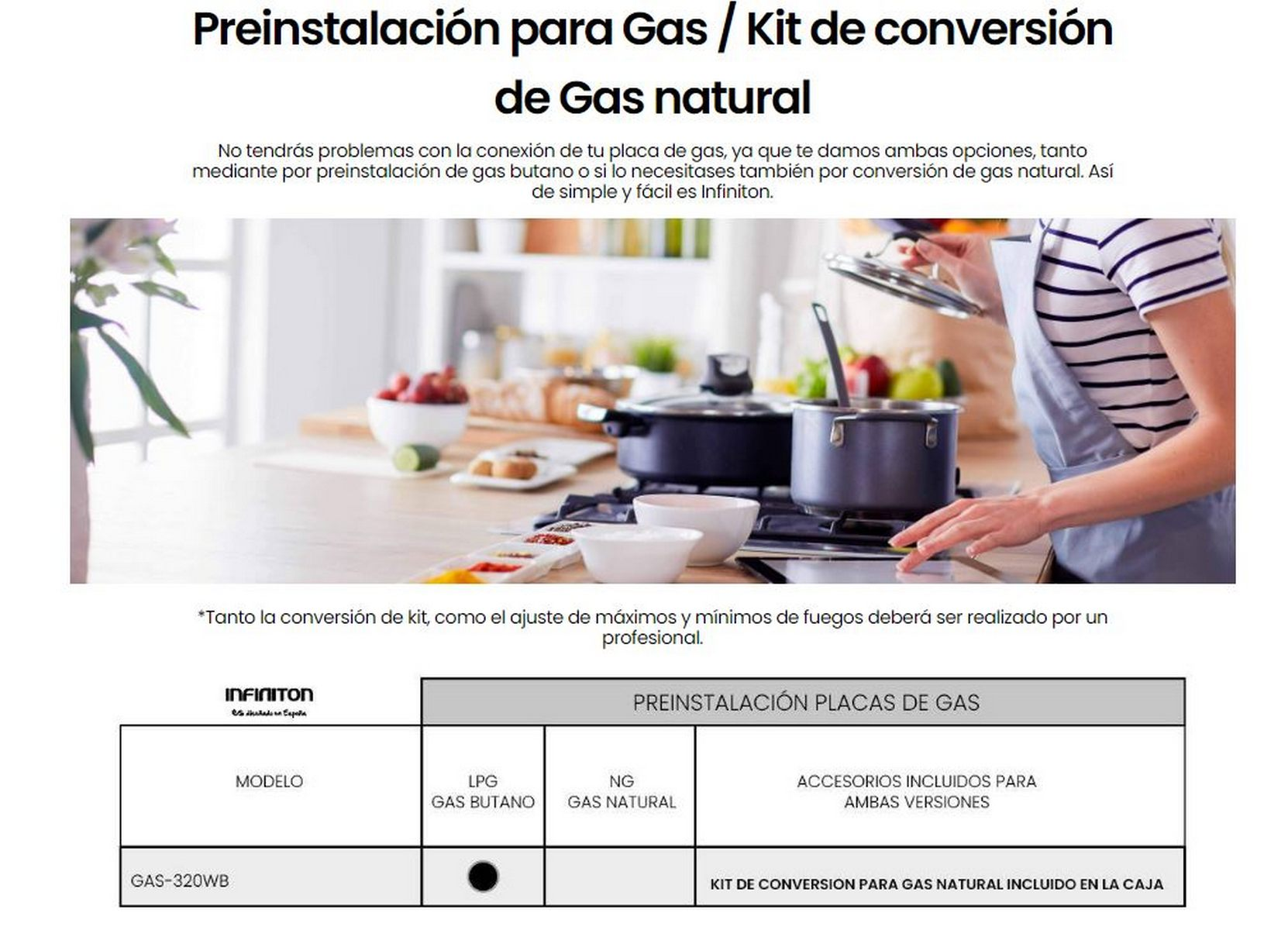 Una mujer cocinando en la estufa. Texto e información del producto. en la parte superior e inferior de la imagen.