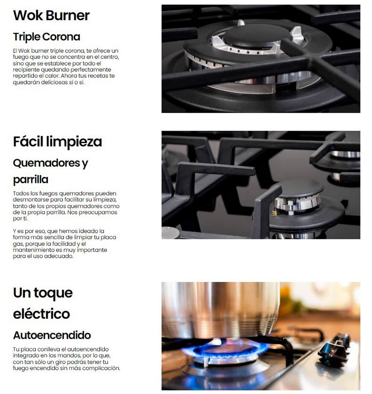 Una estufa con texto que explica características como el quemador wok y la limpieza fácil.