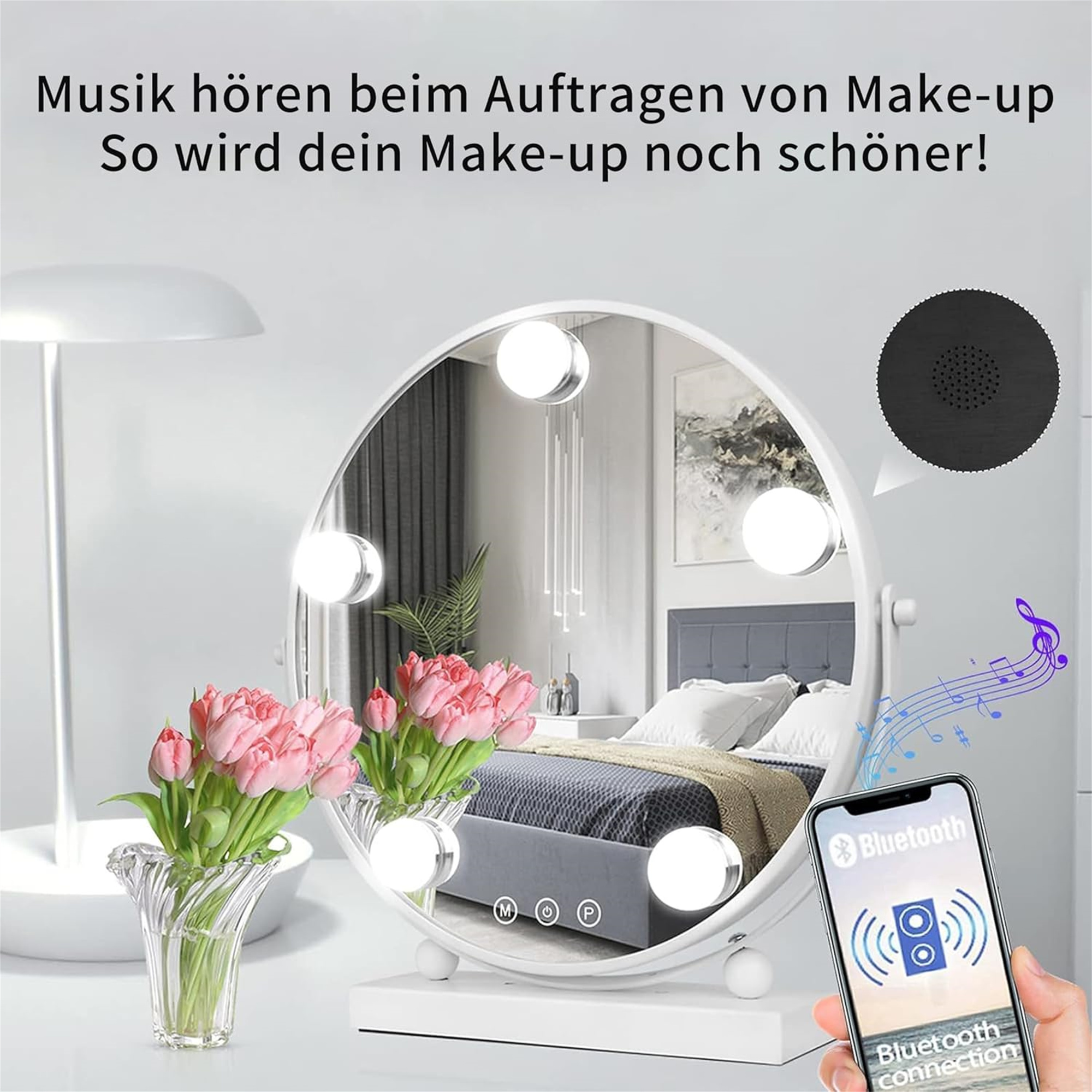Schminkspiegel mit Lichtern, Blumen und einem Telefon, das eine Bluetooth-Verbindung anzeigt. Text auf Deutsch.