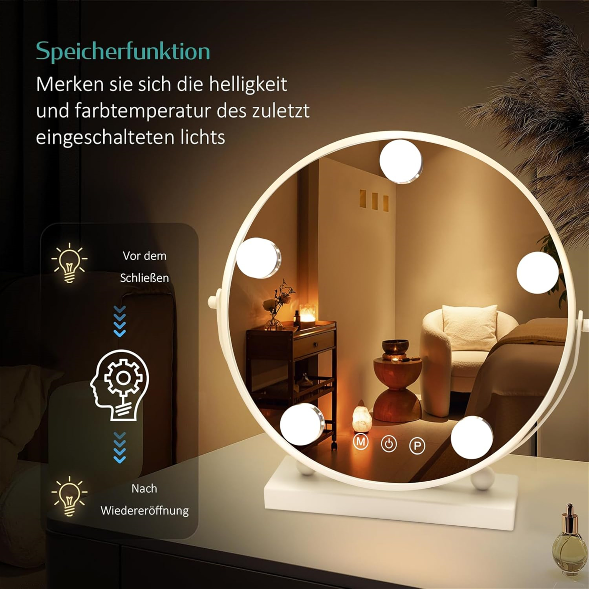 Schminkspiegel mit Lichtern. Text-Overlay und Objekte auf dem Tisch.