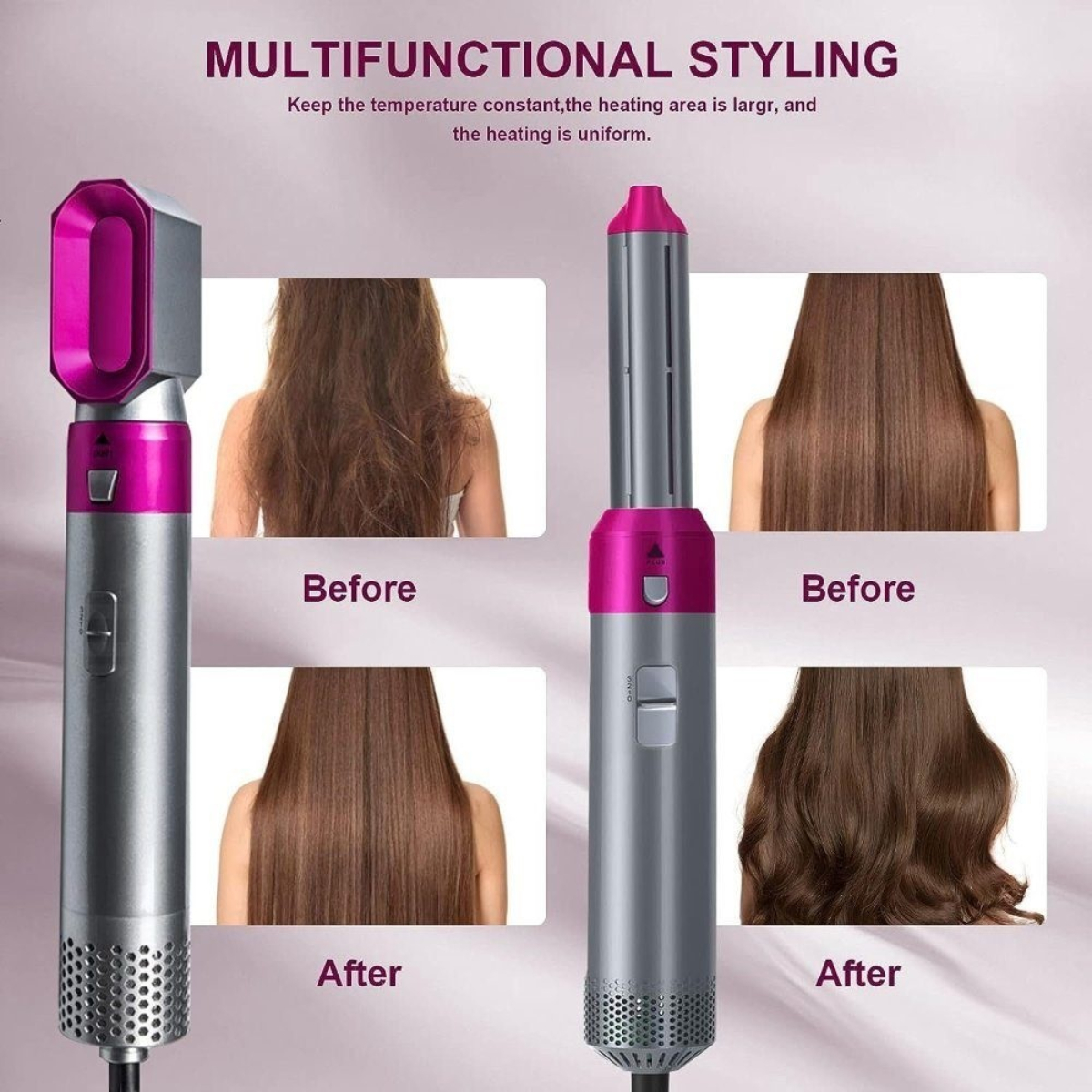 Haarstyling-Werkzeug in Pink und Silber. Vorher-Nachher-Bilder zeigen Glättungs- und Kräuselergebnisse.
