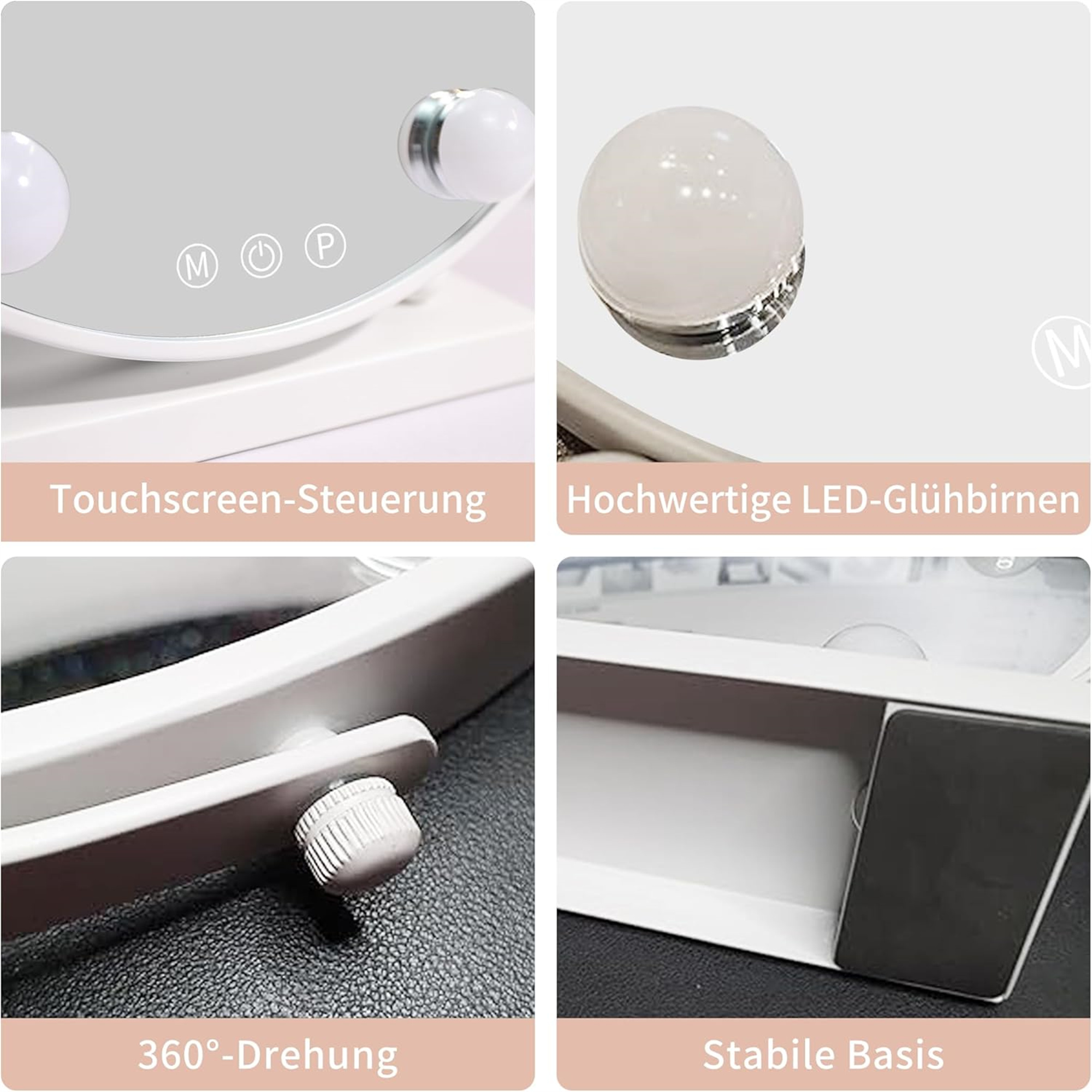 Nahaufnahmen eines Schminkspiegels. Zeigt Touchscreen, Lichter, Basis und Drehfunktion.