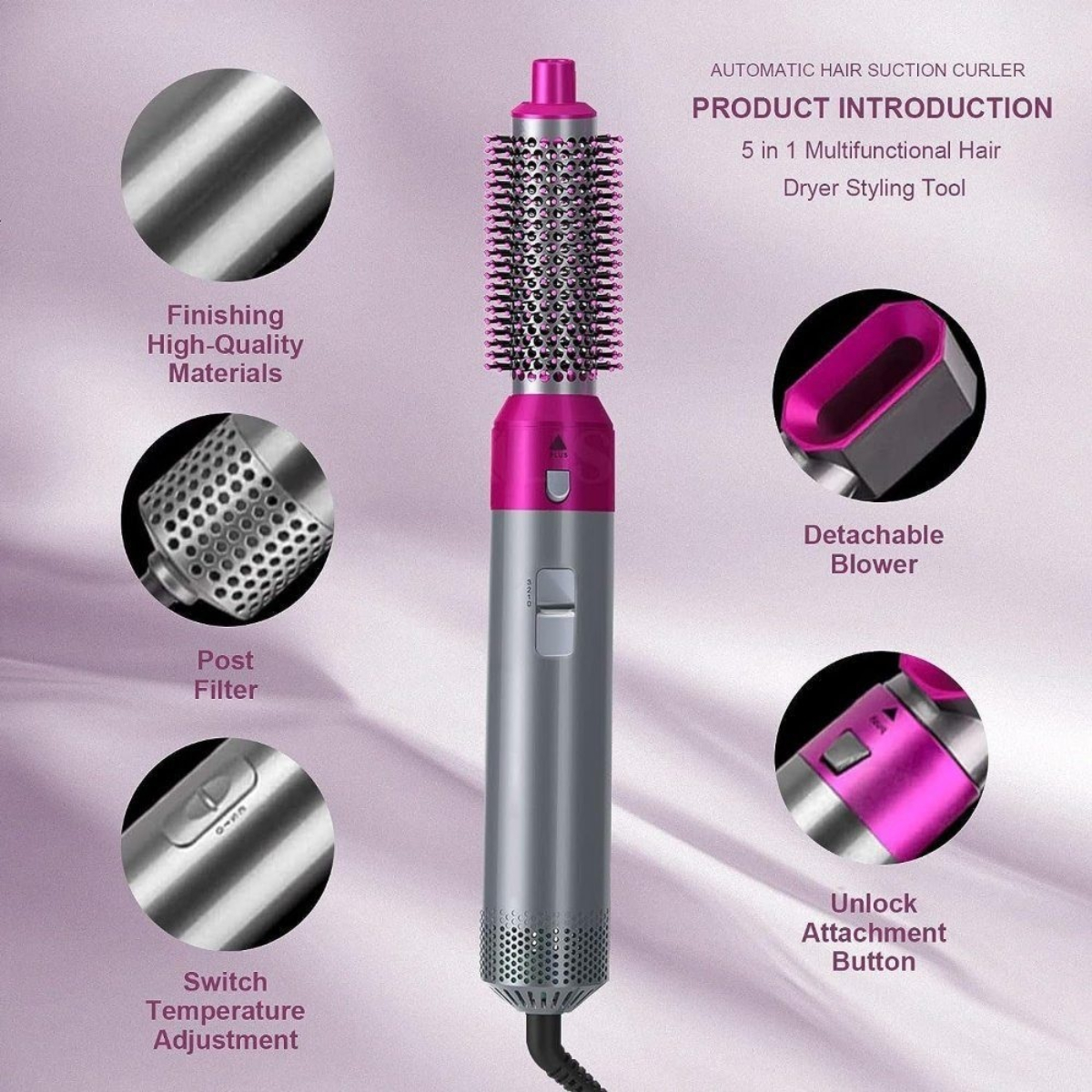 Ein multifunktionales Haarstyling-Tool mit Etiketten und Nahaufnahmen, auf lila Hintergrund.