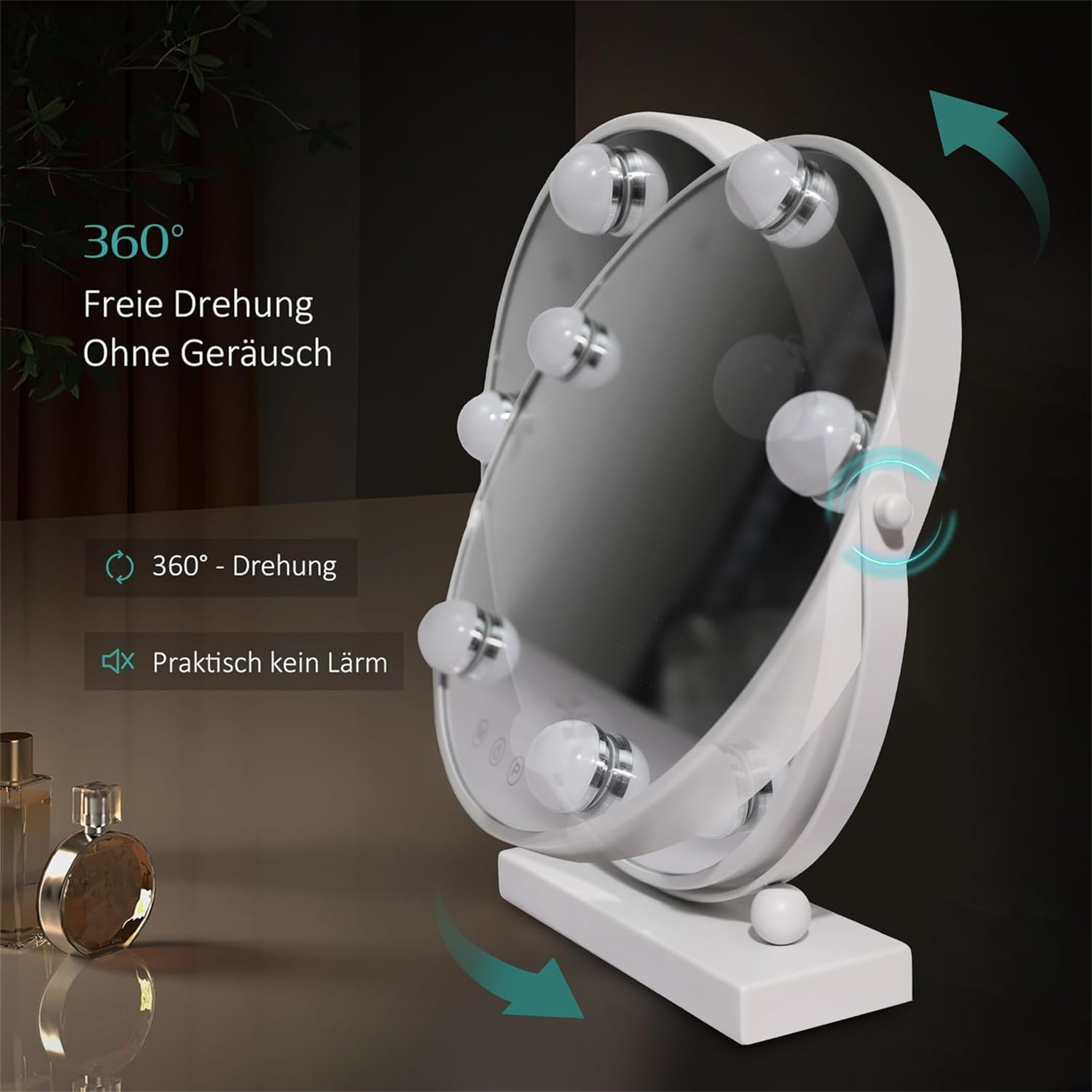 Ein weißer beleuchteter Schminkspiegel mit weißem Sockel auf einer Holzoberfläche.