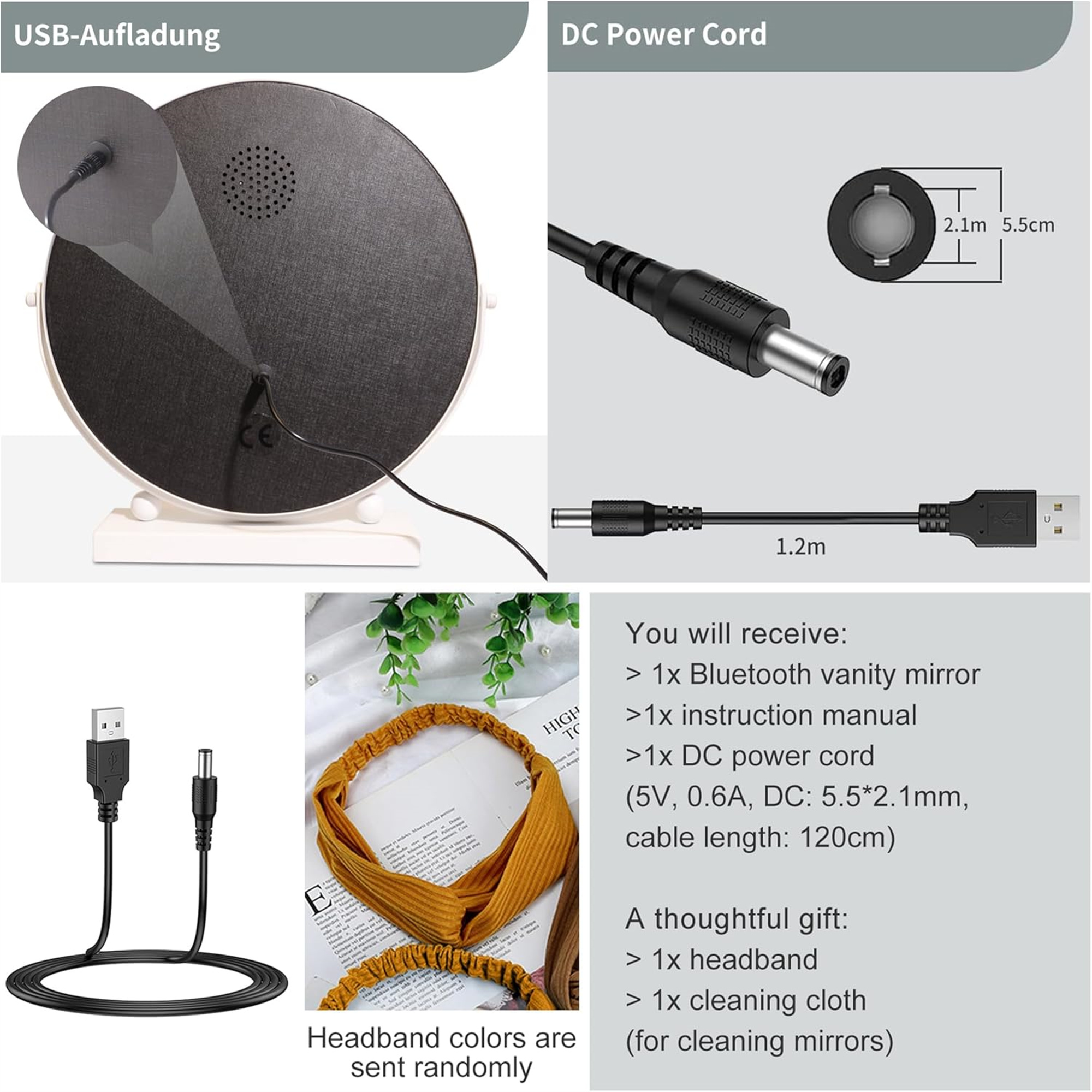 Ein Bild zeigt einen Spiegel mit Licht und einem USB-Kabel, ein Netzkabel und ein Stirnband.