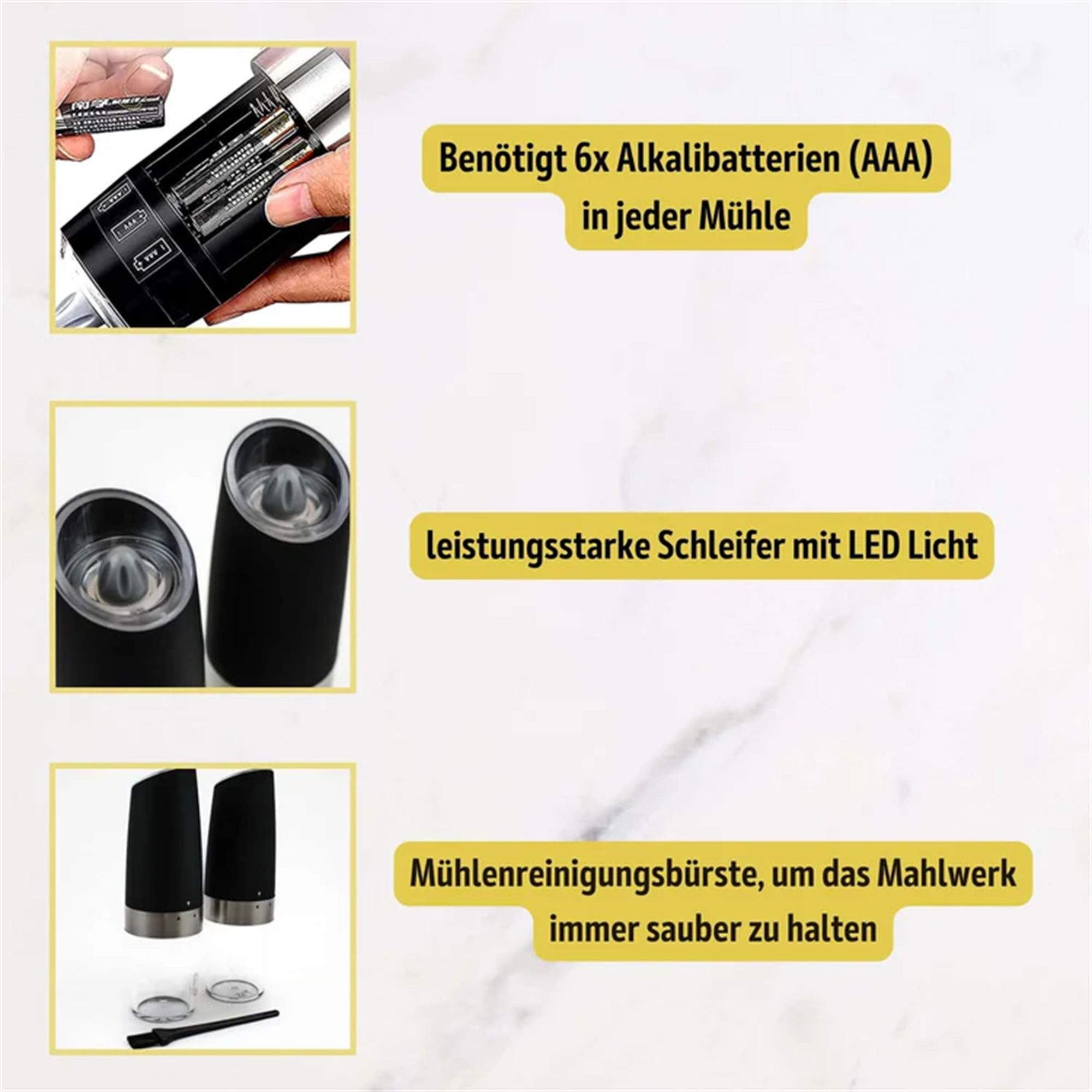 Produktaufnahmen von Salz- und Pfeffermühlen mit deutschem Text. Der Hintergrund ist weiß.