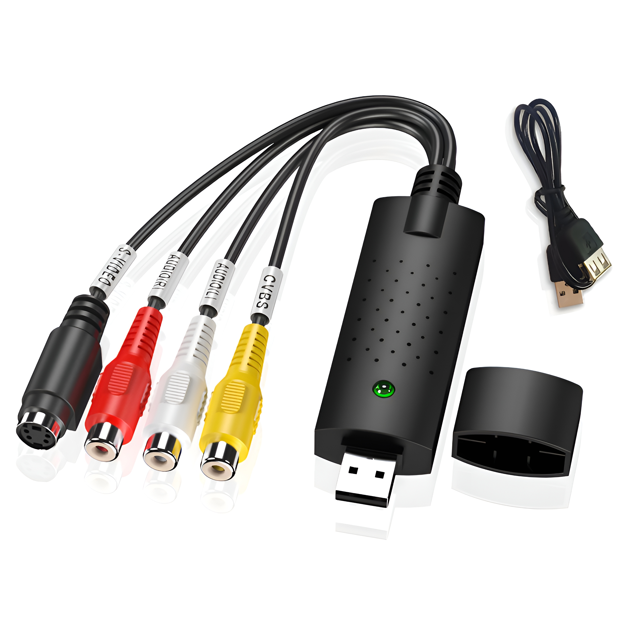 Schwarzes Videoaufnahmegerät mit farbigen Cinch-Kabeln und USB.