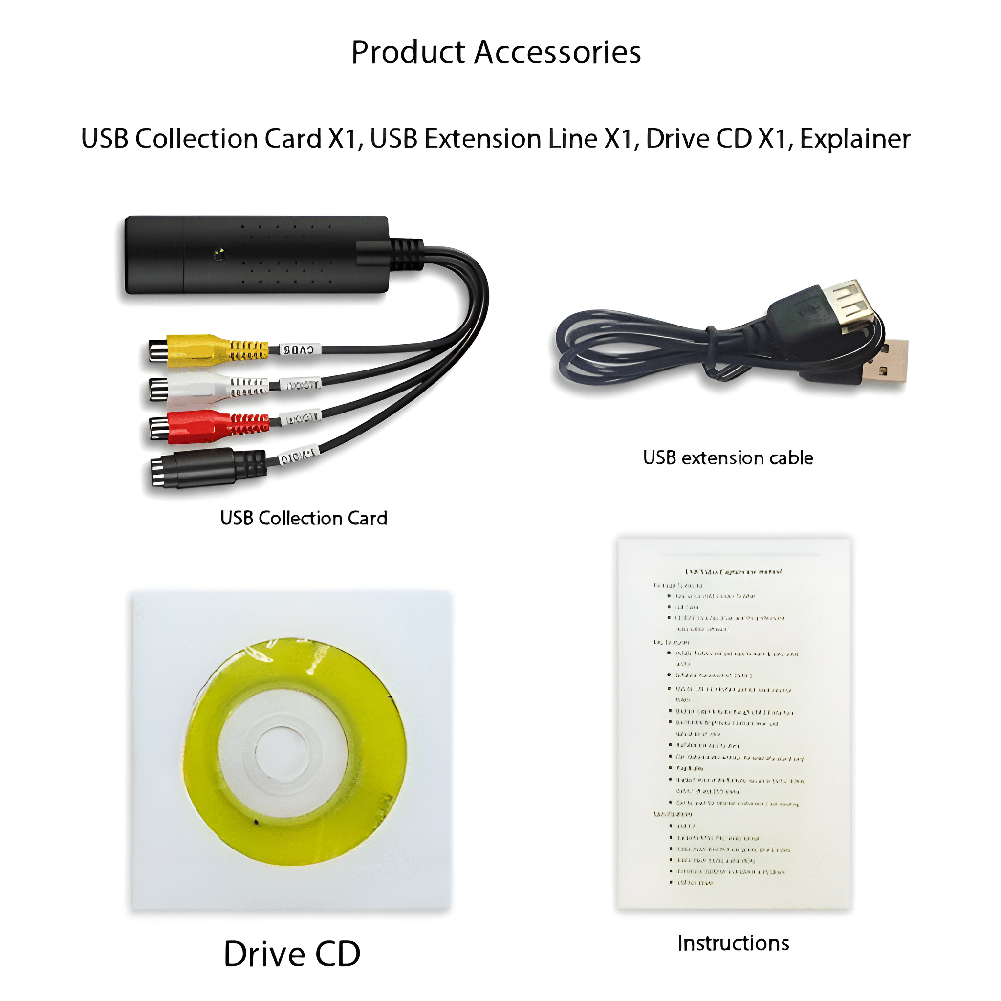 Produktzubehör ausgelegt. USB-Sammelkarte, USB-Kabel, Laufwerk-CD und Anweisungen auf weißer Oberfläche.