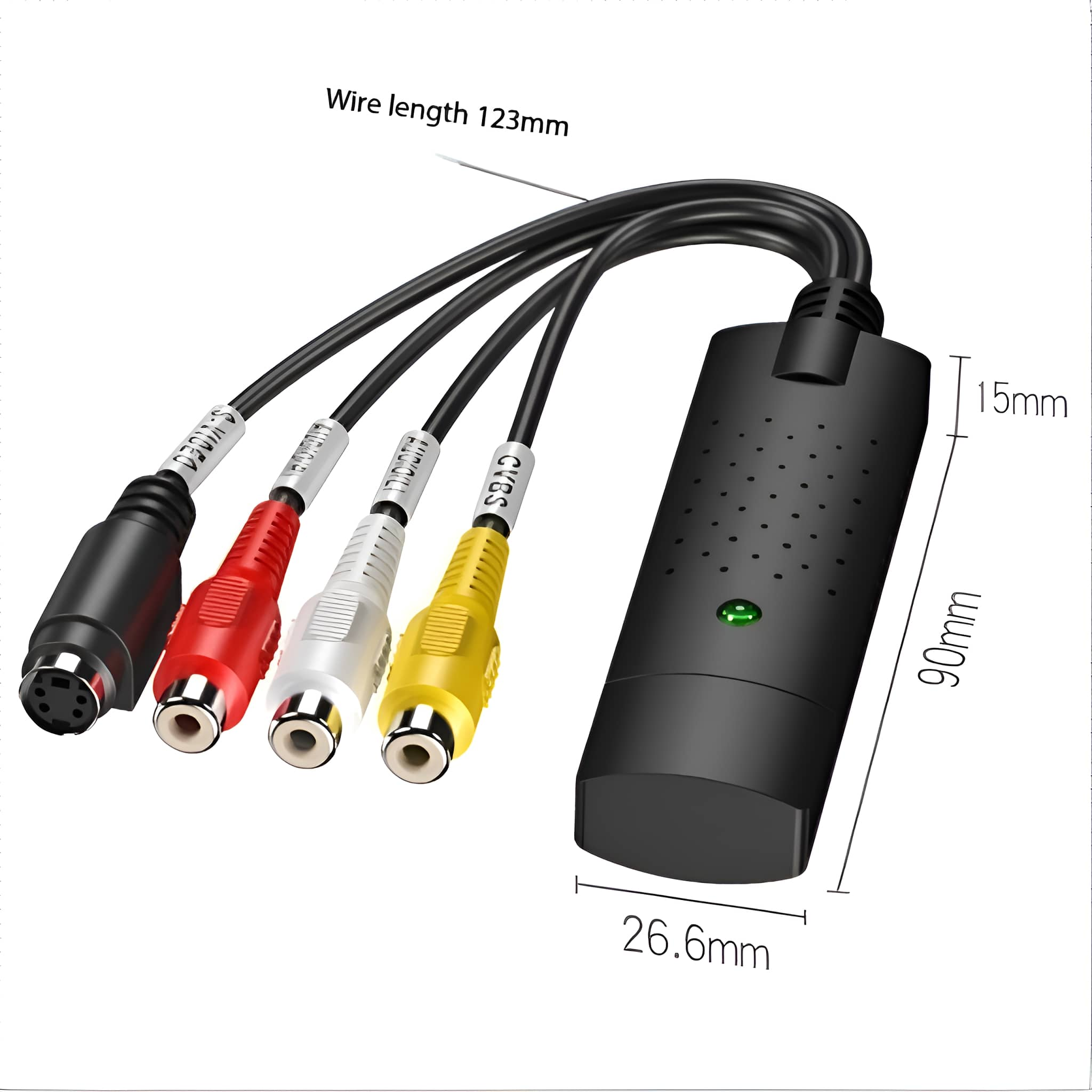 Ein AV-zu-HDMI-Konverter mit verschiedenen Anschlüssen und einer Diagramm seiner Abmessungen.