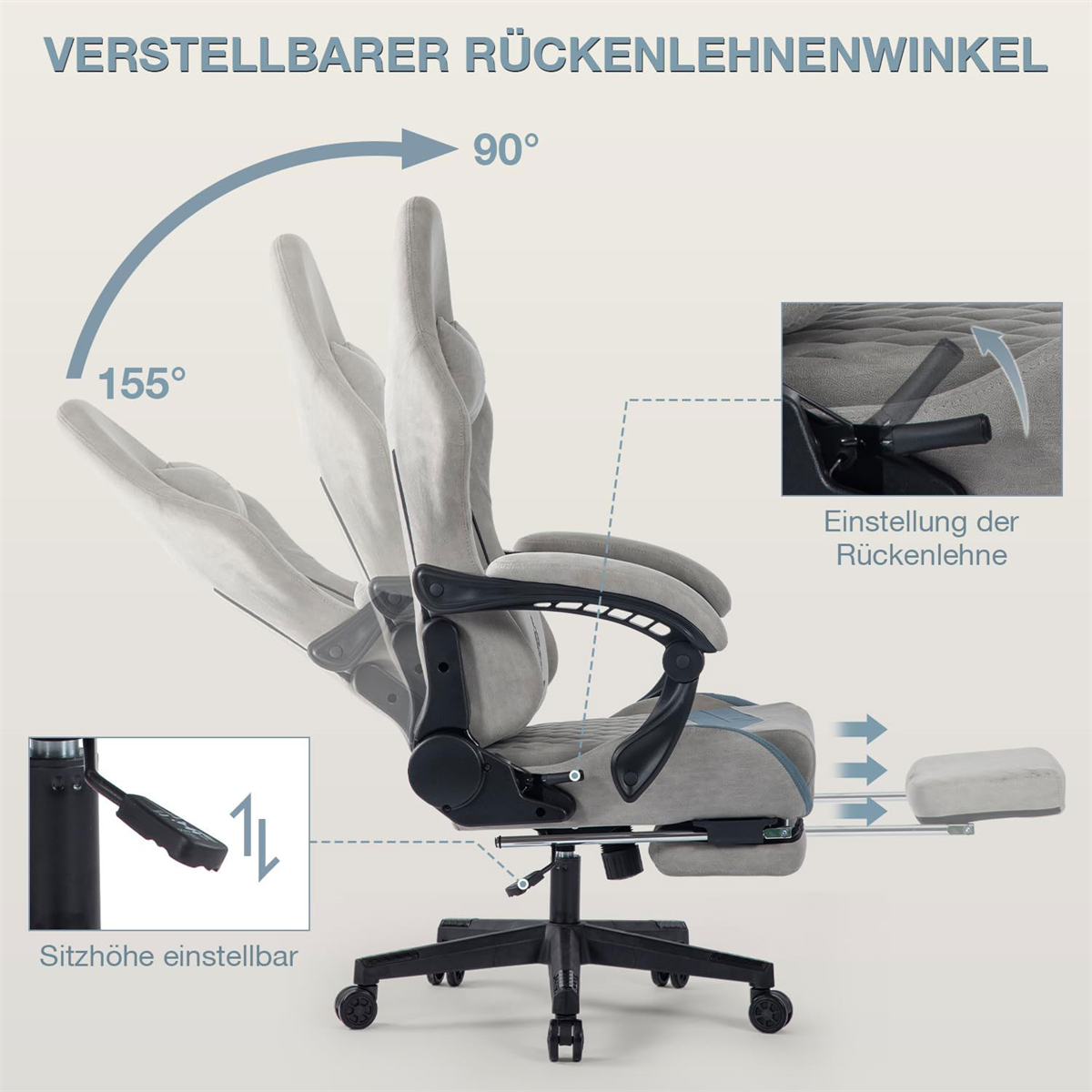 Ein grauer ergonomischer Bürostuhl mit verstellbarer Rückenlehne. Er steht auf einem schwarzen Untergestell mit Rollen.