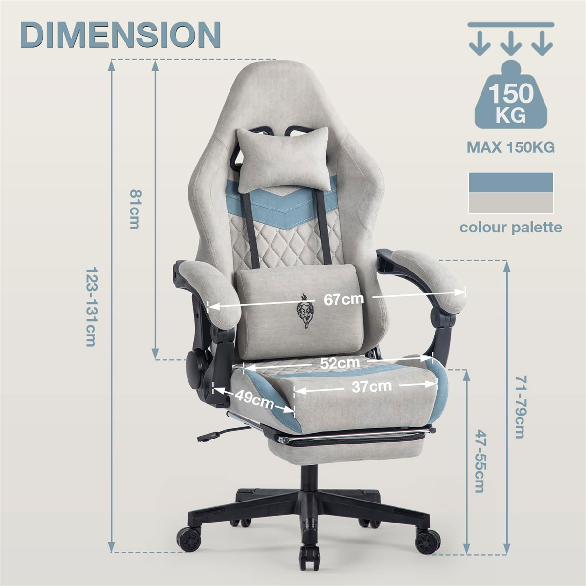 Ergonomischer Gaming-Stuhl mit Abmessungen, in Grau-Blau-Farbschema.