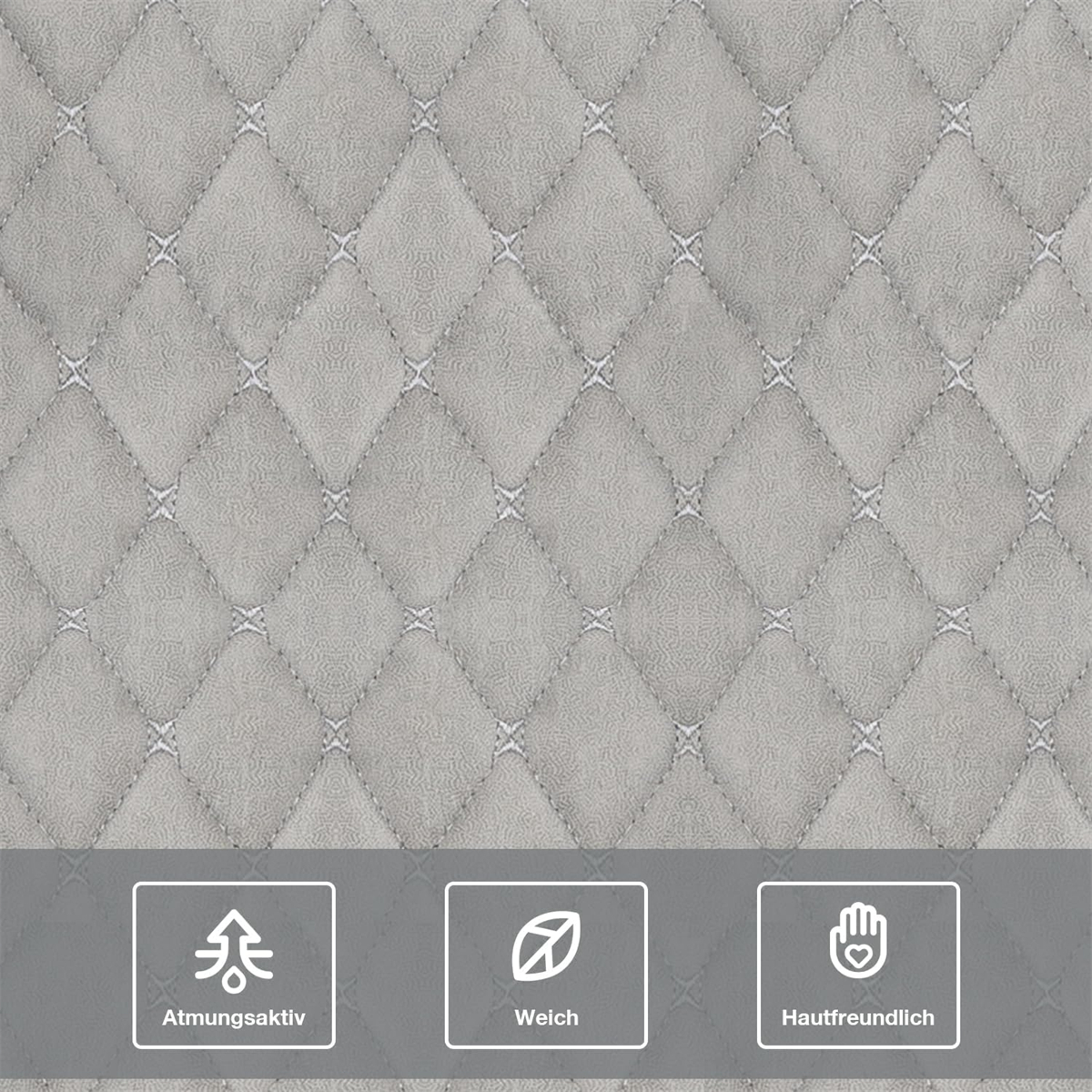 Nahaufnahme eines grau gesteppten Stoffes mit Rautenmuster und darunter Icons.