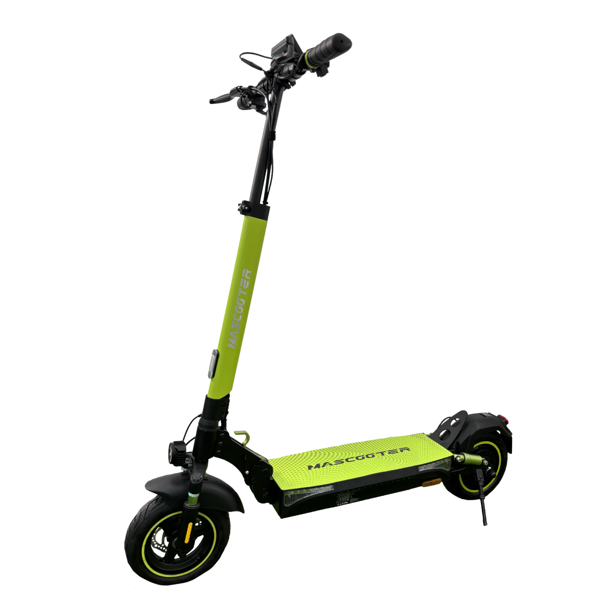 Scooter eléctrico verde lima y negro. Tiene un faro y un soporte.