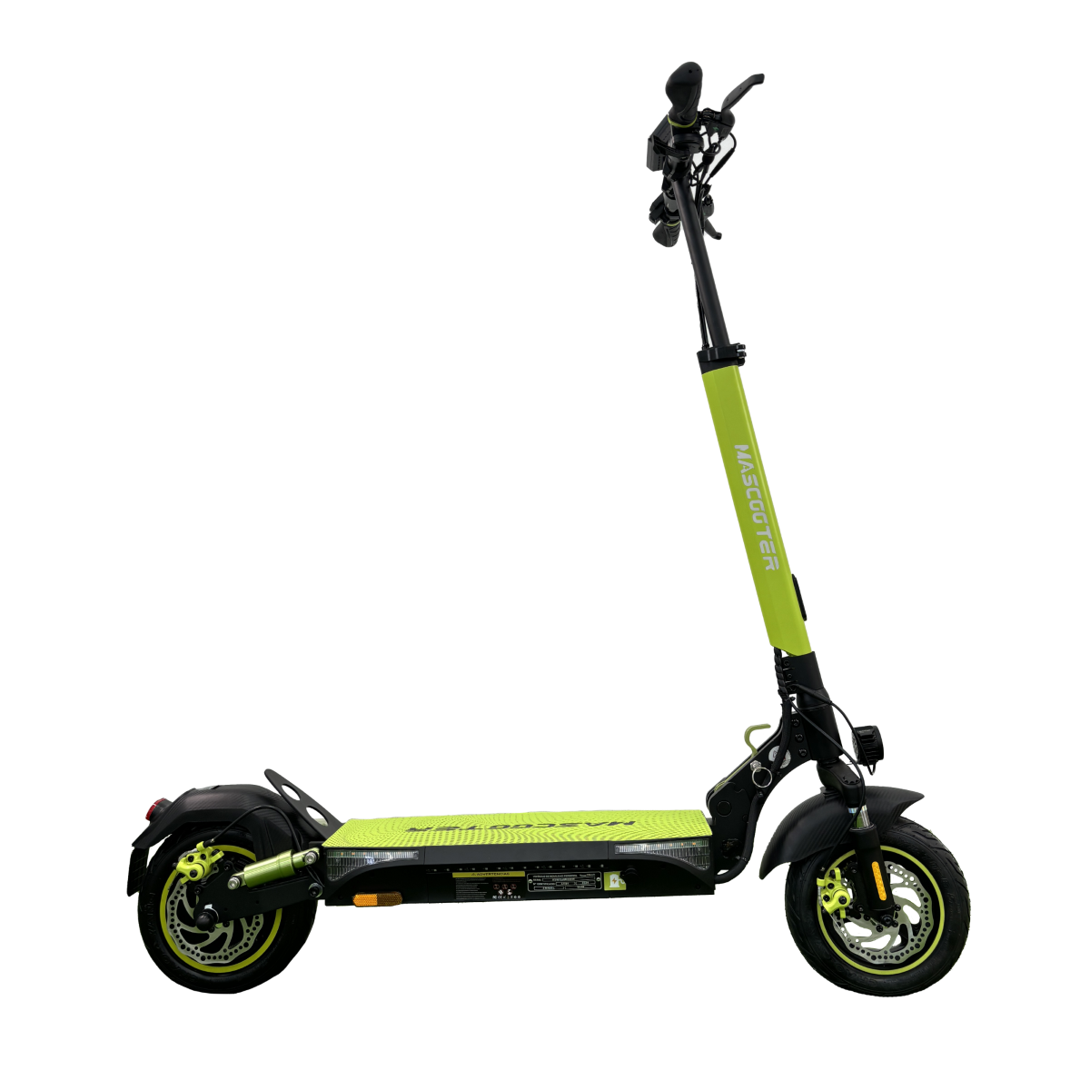 Un patinete eléctrico verde lima con detalles negros sobre un fondo blanco.