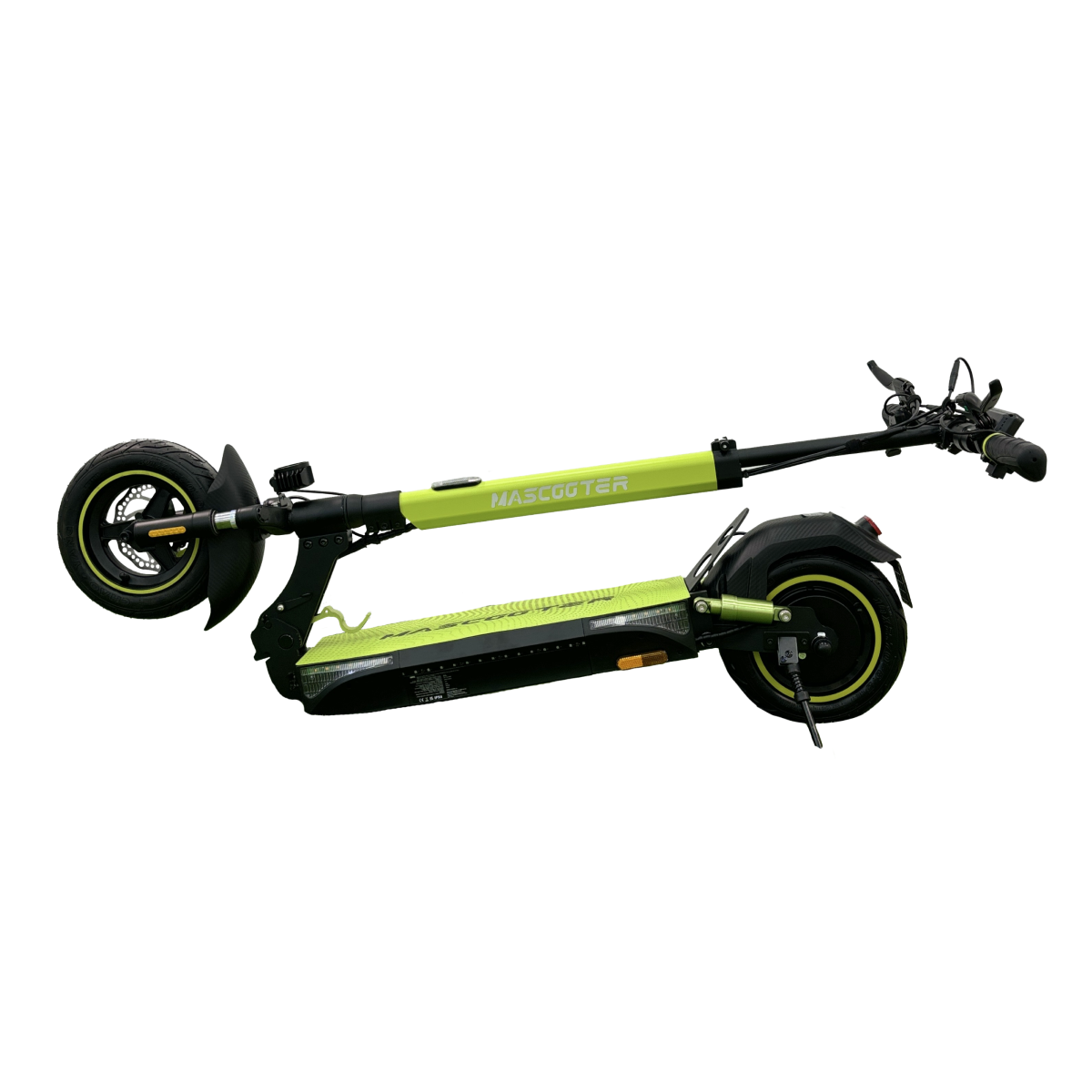 Scooter eléctrico verde y negro, plegado, vista lateral, sobre fondo blanco, en ángulo.