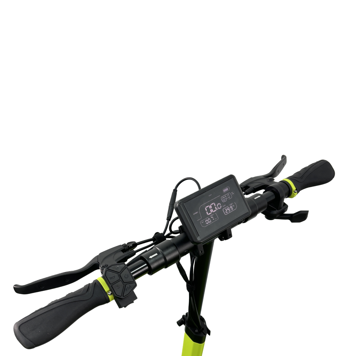 Manillar de scooter con pantalla que muestra la velocidad y controles.