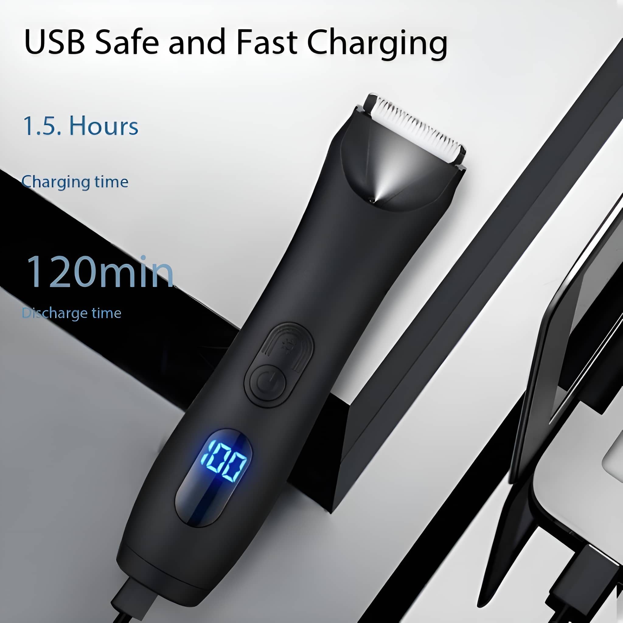 Schwarzer Trimmer mit digitaler Anzeige. Text zeigt 1,5 Stunden Ladezeit und 120 Min. Entladezeit.