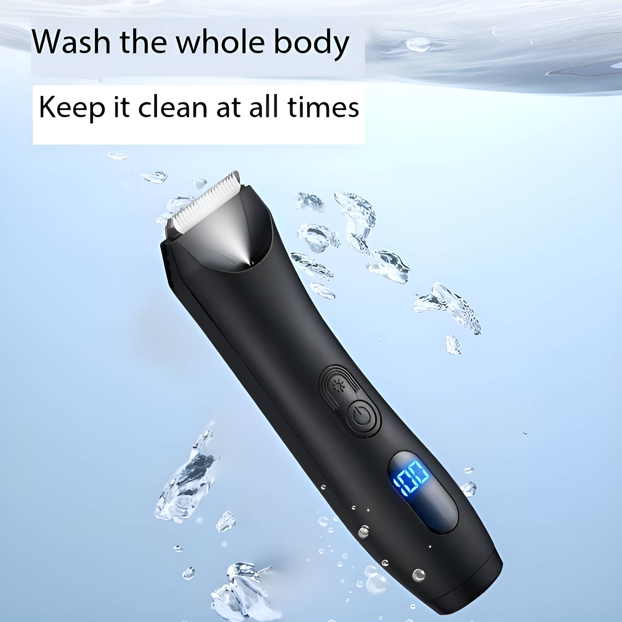 Schwarzer Körpertrimmer unter Wasser, Display zeigt Zahlen. Blauer Wasserhintergrund.