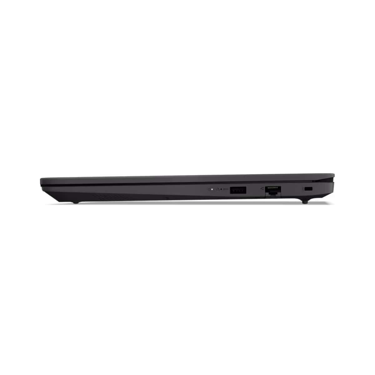 Seitenansicht eines schwarzen Laptops. Der Laptop ist dünn und hat verschiedene Anschlüsse.