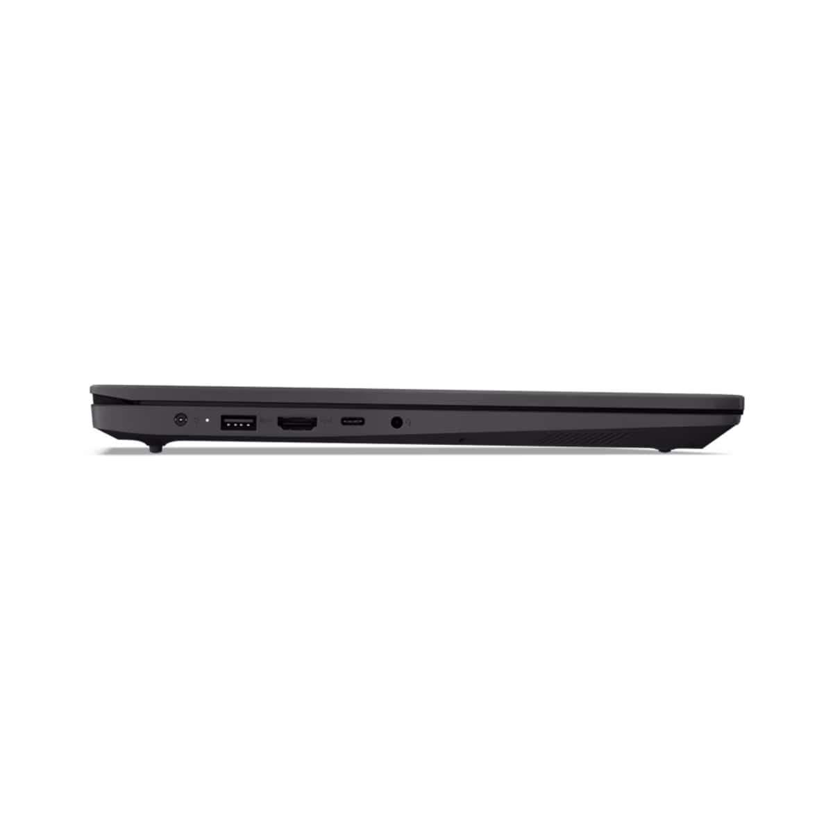 Seitenansicht eines schwarzen Laptops. Anschlüsse sind an der Seite sichtbar.