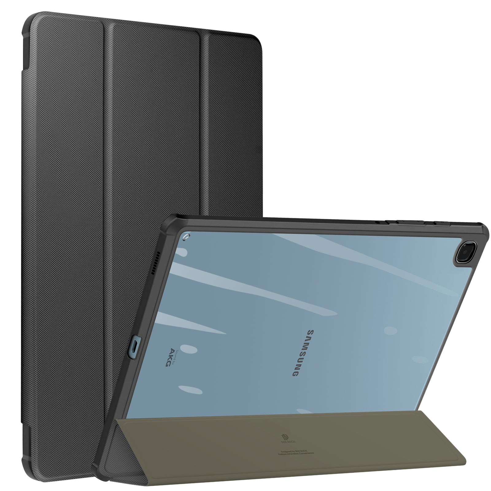 Un tablet con una cover grigio scuro. Lo schermo mostra l'interfaccia del tablet.