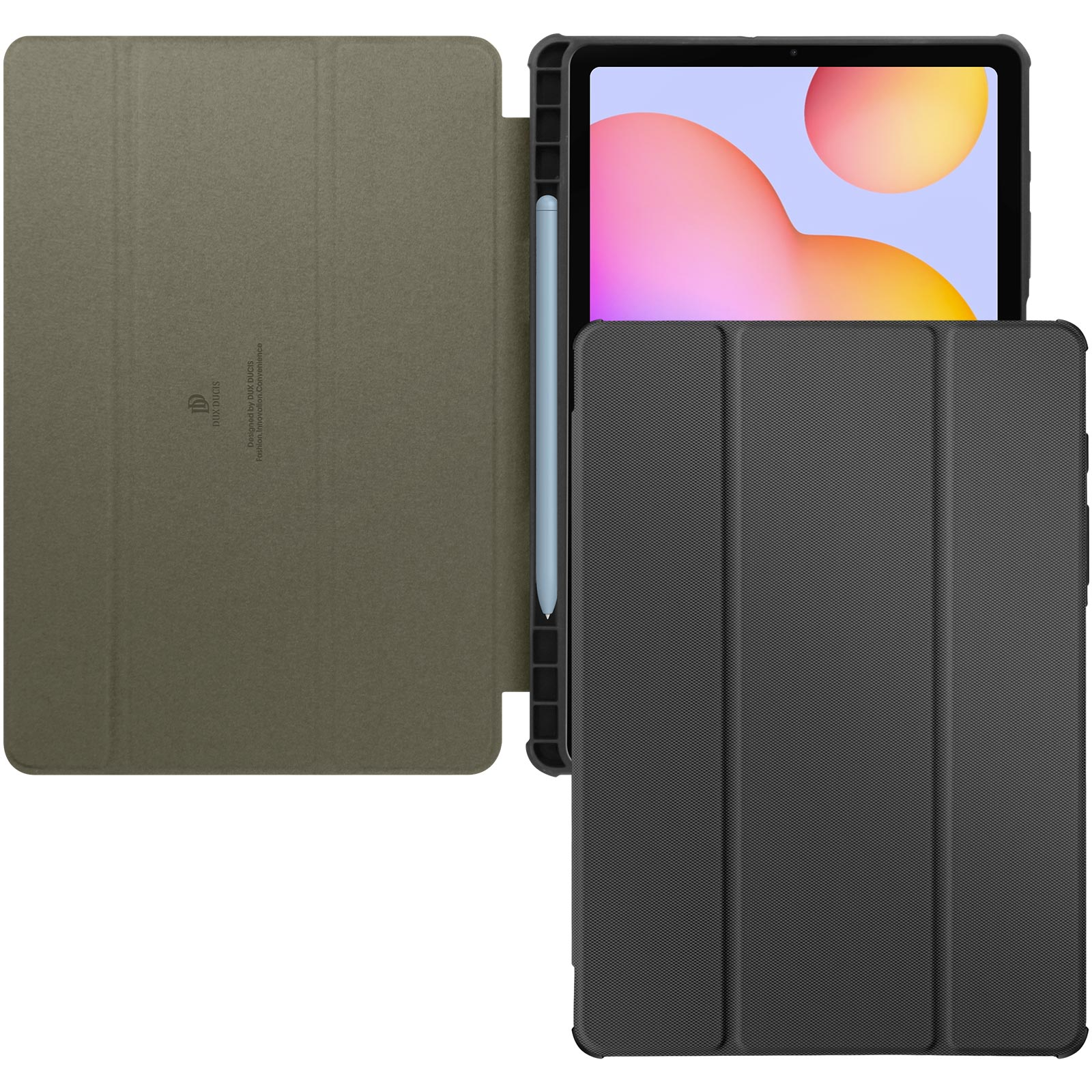 Tablet in custodia nera, aperto, con stilo. La custodia è grigio scuro e lo schermo del tablet è acceso.