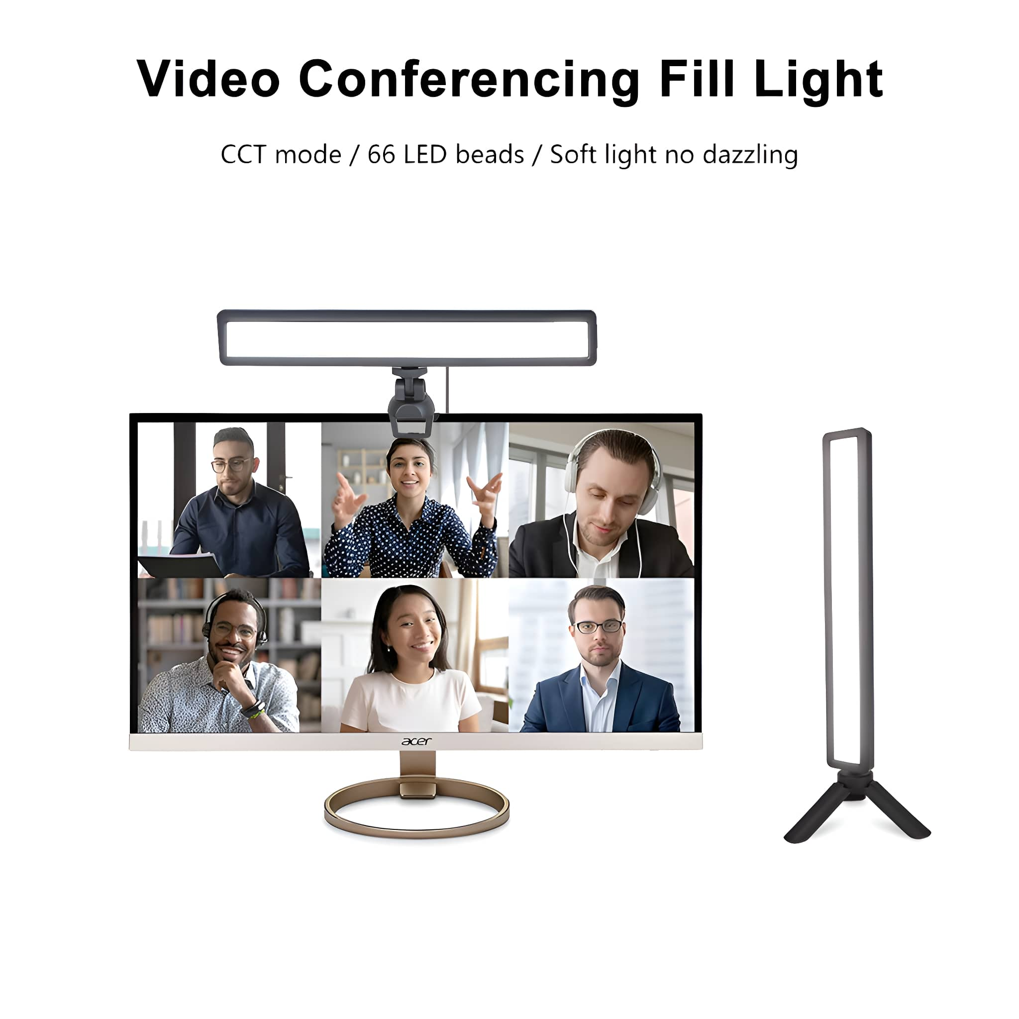 Ein Fülllicht für Videokonferenzen wird über einem Computerbildschirm mit Personen darauf gezeigt. Ein kleineres Fülllicht steht auf einem Ständer.