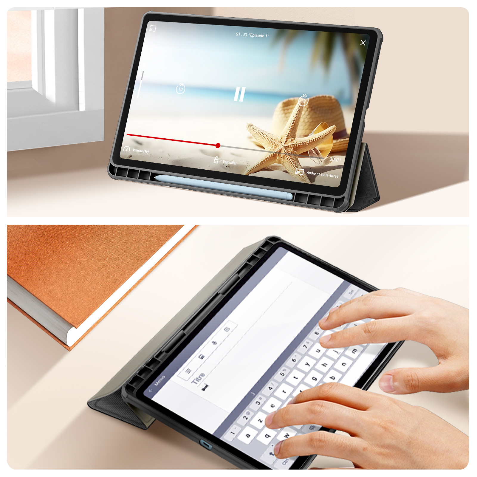 Due immagini. Una mostra un tablet che riproduce un film. L'altra mostra mani che digitano su un tablet.